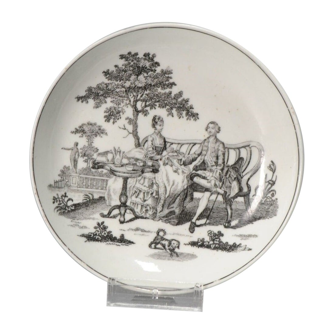 Antique plat en porcelaine de Worchester imprimé Robert Hancock anglais, vers 1770