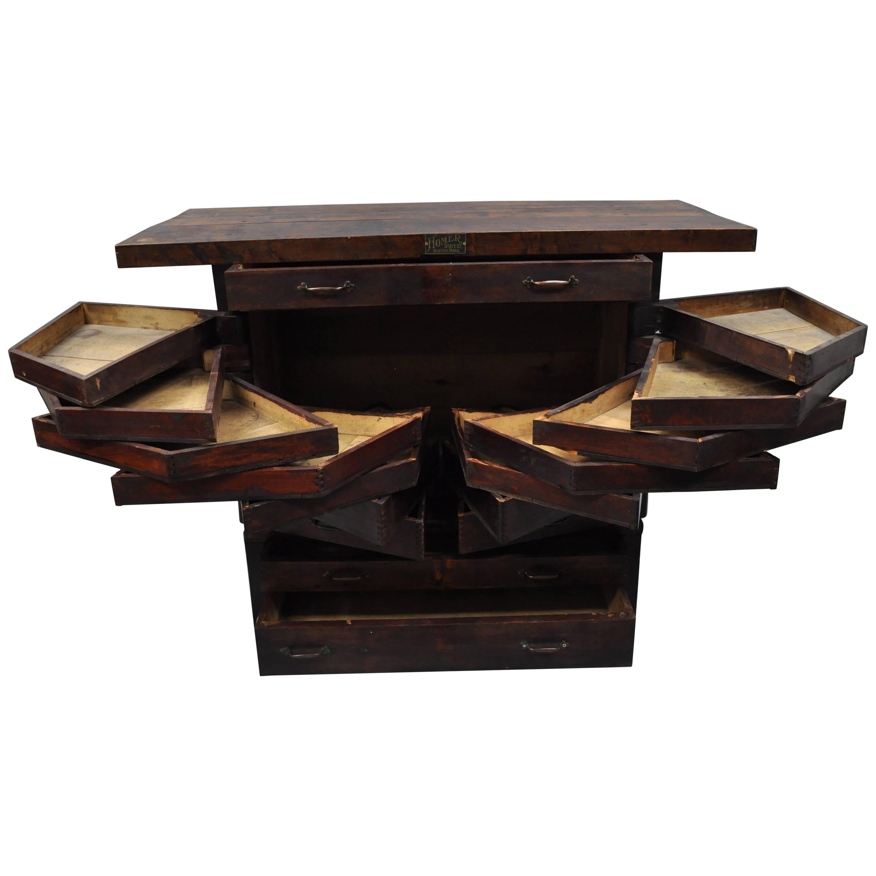 Antique Work Table Cabinet 17 Drawers Watchmakers Drafting File Homer, Boston Ma