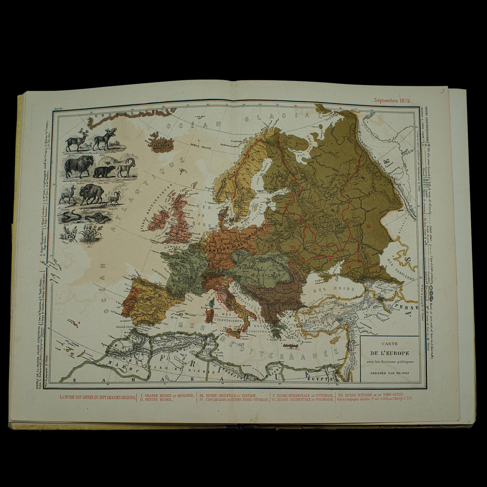 19th Century Antique World Atlas, French Language, Cartography, Reference Book, Victorian