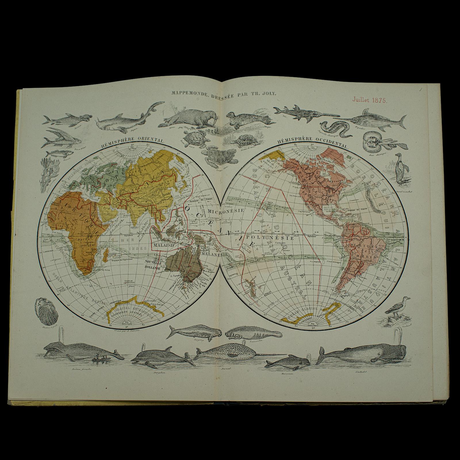 Paper Antique World Atlas, French Language, Cartography, Reference Book, Victorian