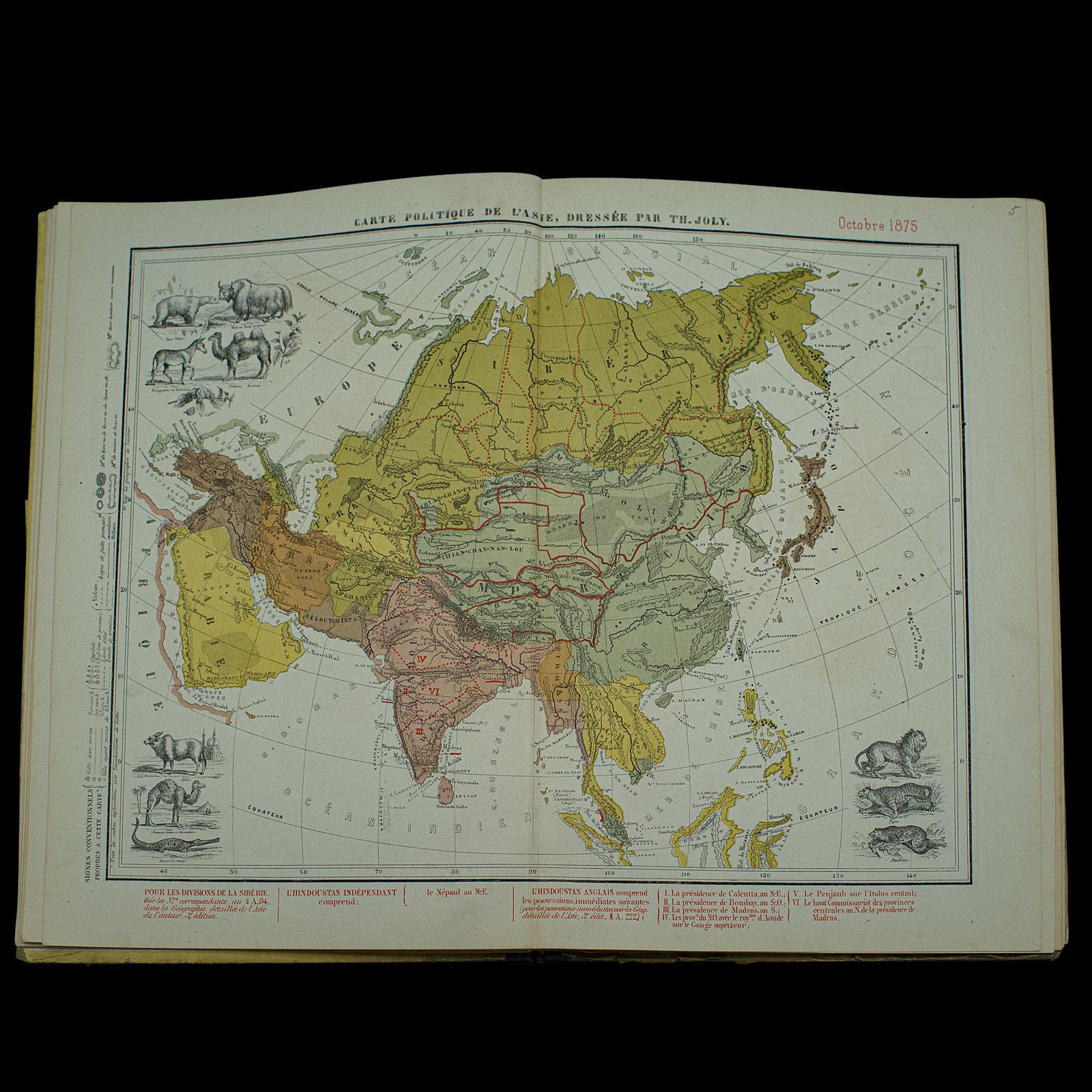 Antique World Atlas, French Language, Cartography, Reference Book, Victorian 1