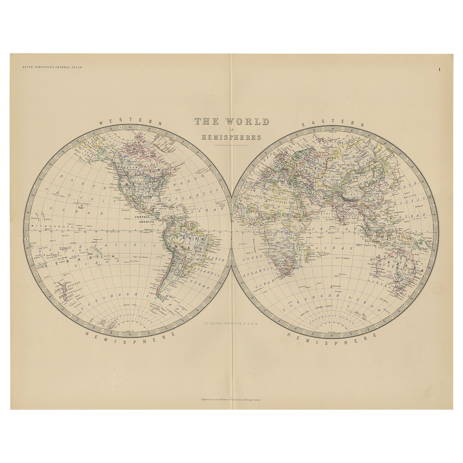 Antiguo mapamundi de Johnston, 1882