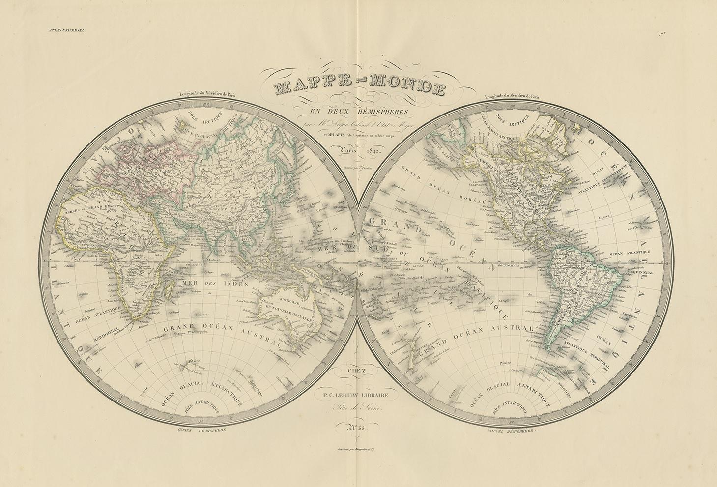 Antique map titled 'Mappe-Monde en deux Hemispheres'. Map of the world. This map originates from 'Atlas universel de géographie ancienne et moderne (..)' by Pierre M. Lapie and Alexandre E. Lapie. Pierre M. Lapie was a French cartographer and