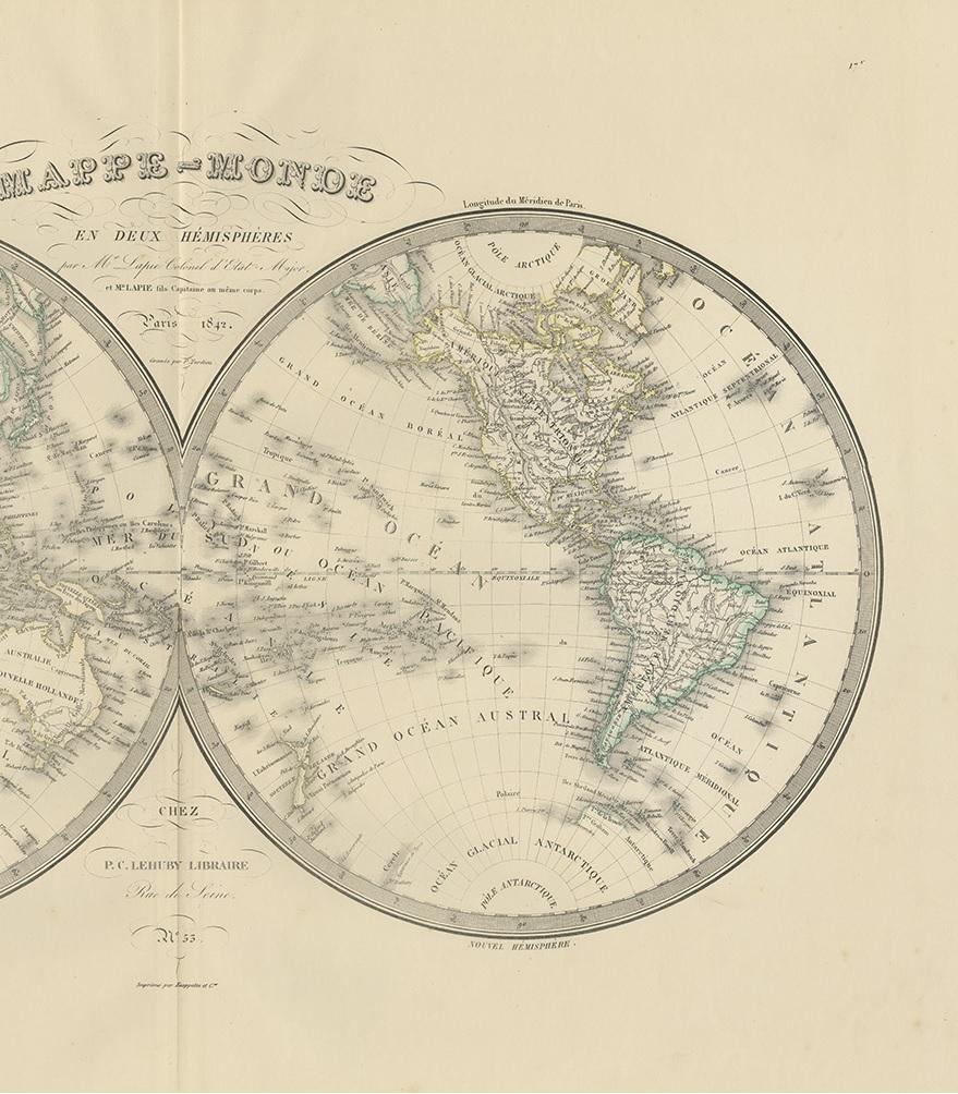 19th Century Antique World Map by Lapie, 1842