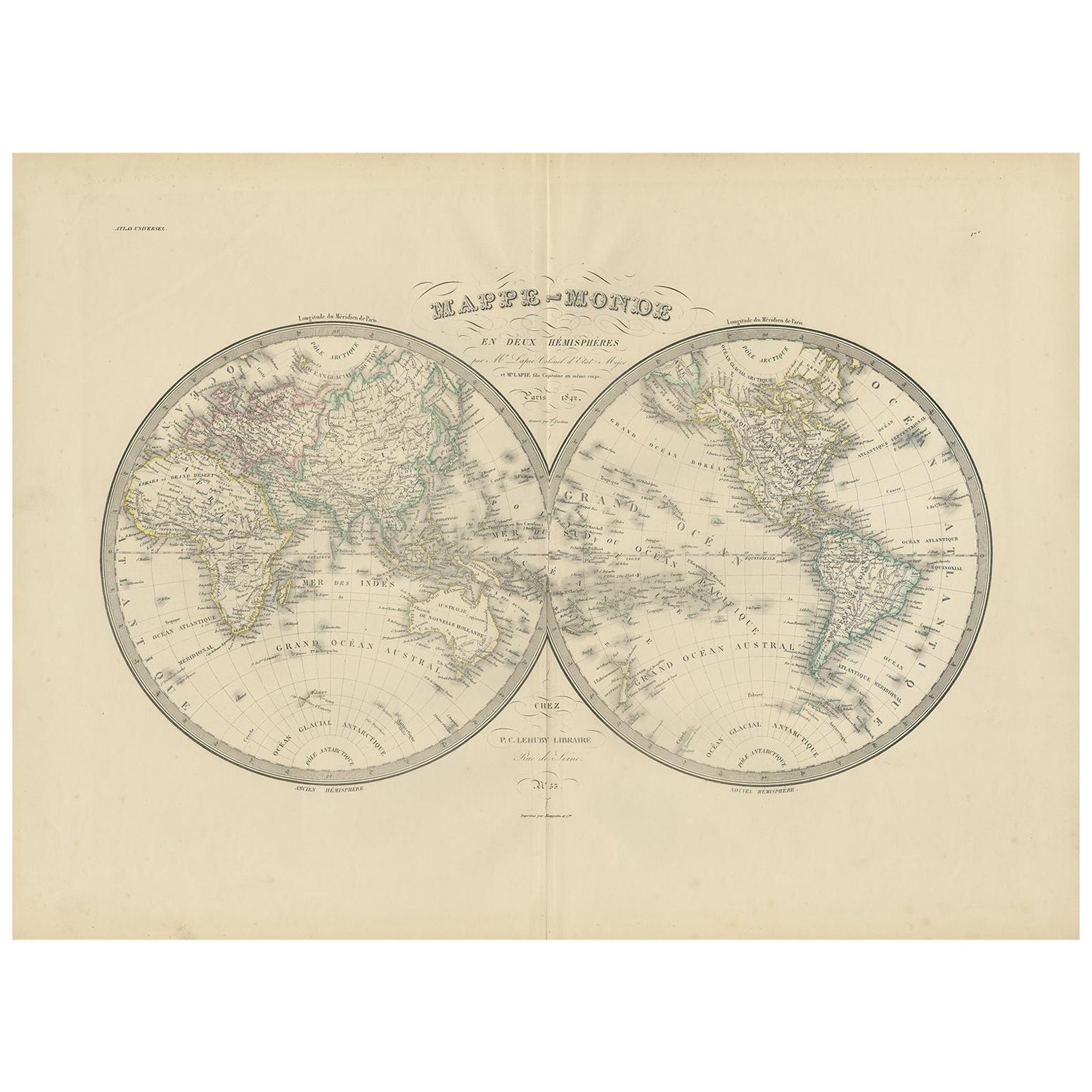 Antique World Map by Lapie, 1842