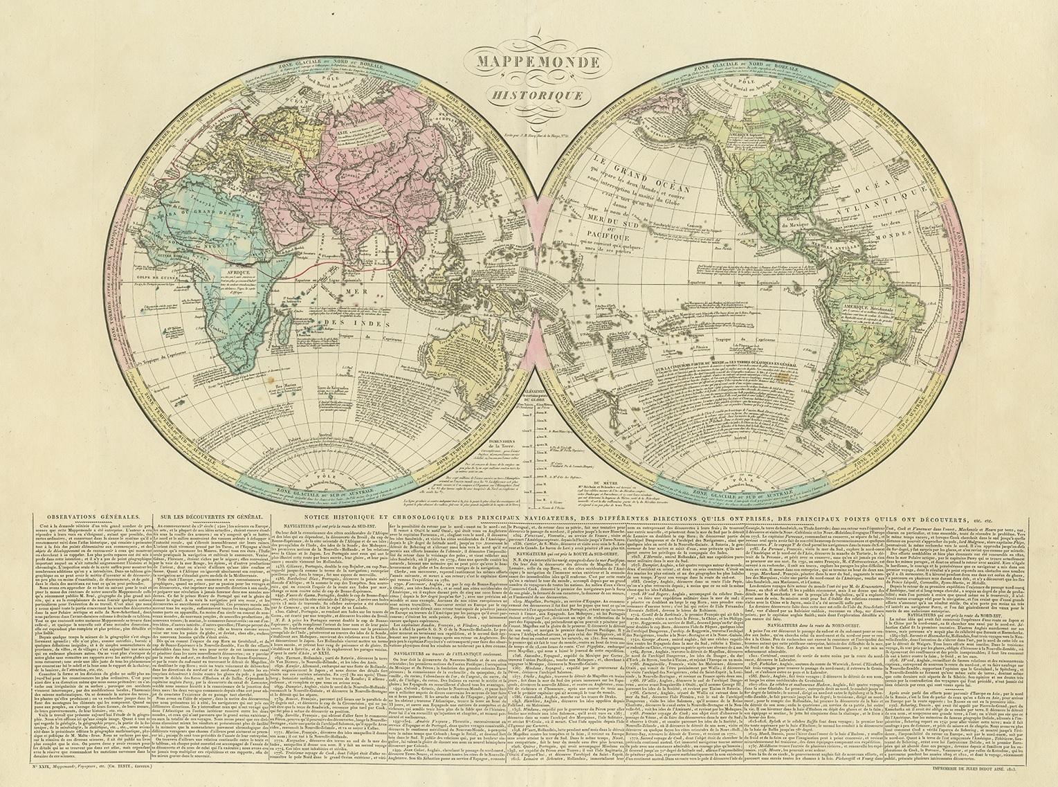 Antique world map titled 'Mappe Monde Historique'. The map depicts both the Eastern and Western Hemispheres, with the hemispheres meeting in the middle of the Pacific Ocean near the Solomon Islands. Features commentary on world affairs - including