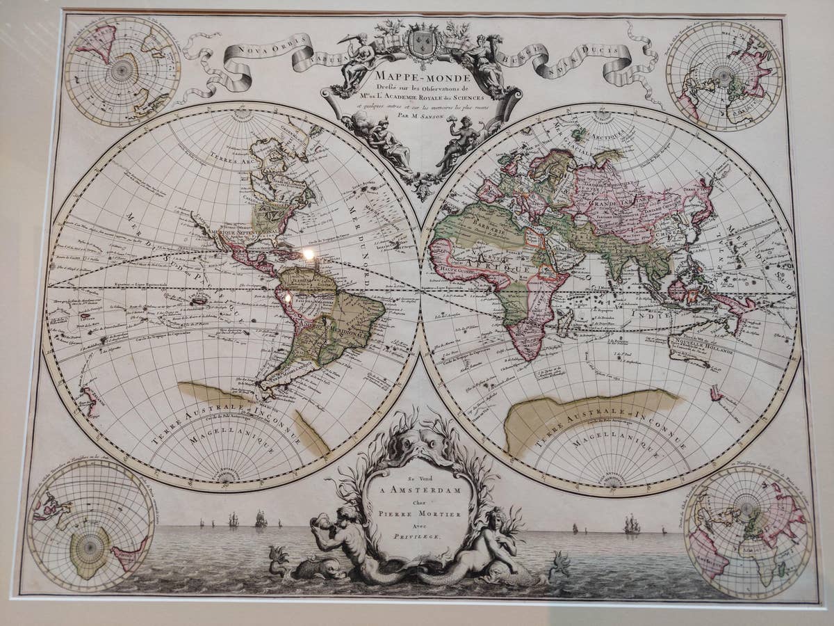 Original Antique Hand-colored World Map with or without Frame, '1696'