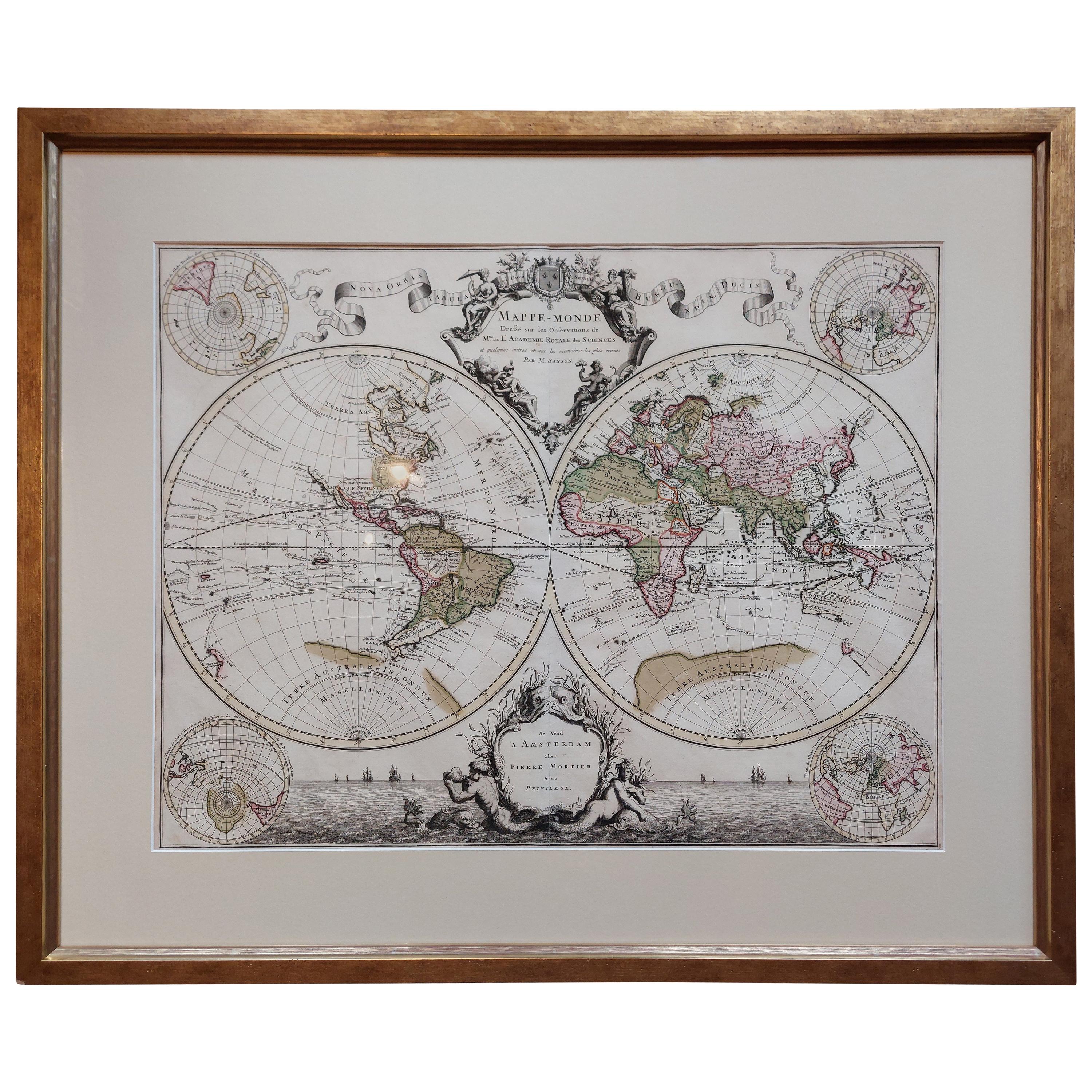 Original Antique Hand-colored World Map with or without Frame, '1696' For Sale