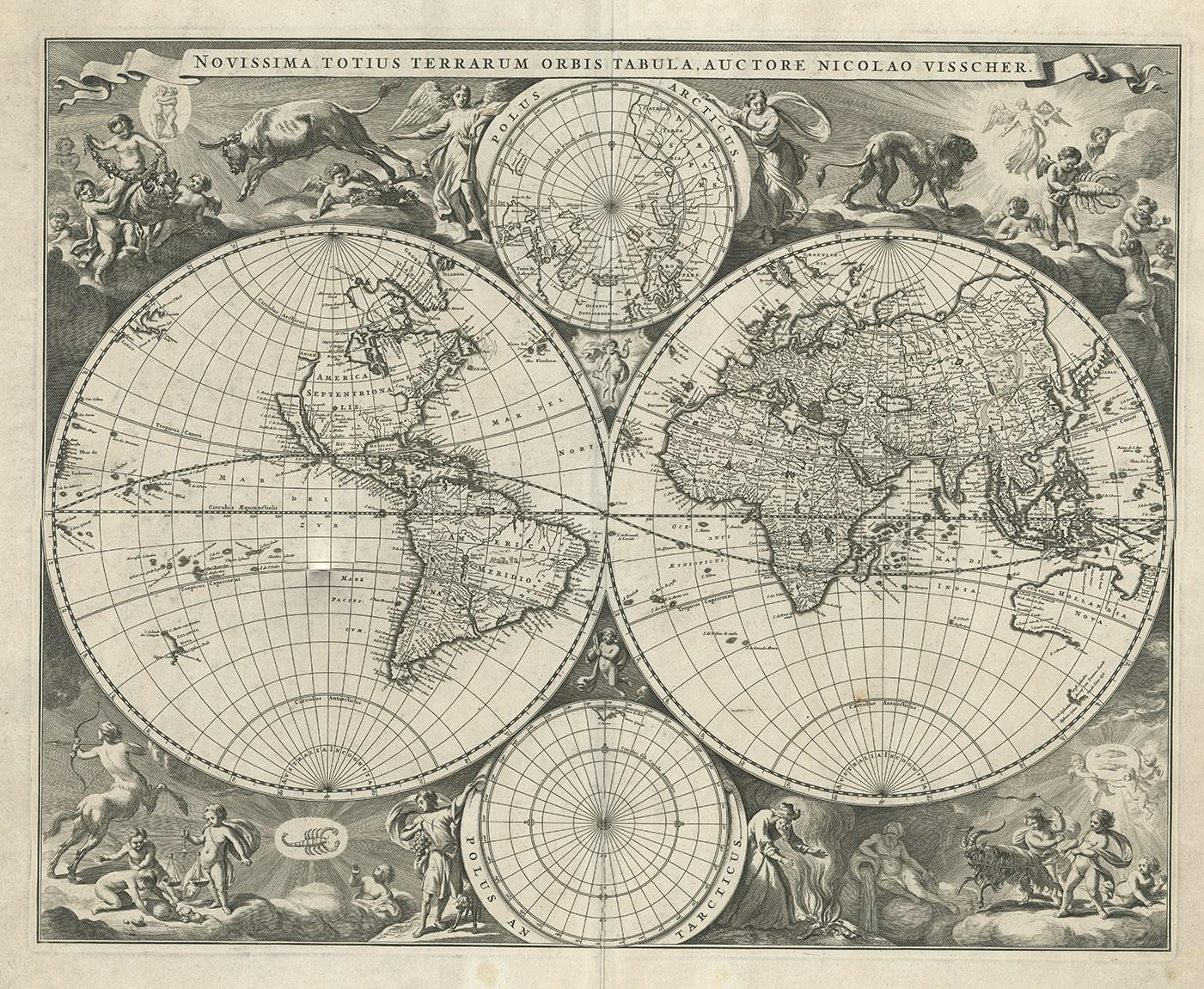 Antique map titled 'Novissima Totius Terrarum Orbis Tabula, Auctore Nicolao Visscher'. Gorgeous example of Nicholas Visscher's World map, which appeared in his Atlas Minor after 1679.

The map is similar to Visscher's World map of 1659 (Shirley