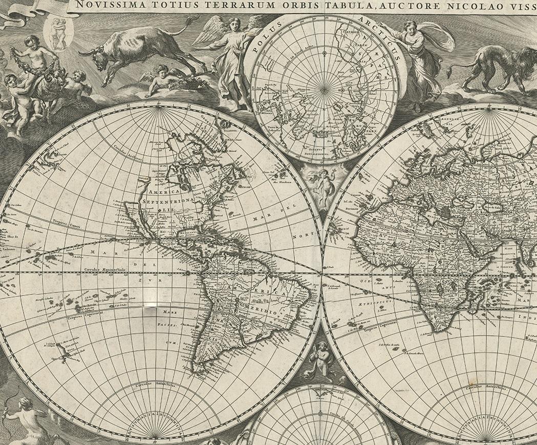 Magnifique carte du monde antique par l'ébéniste néerlandais Visscher, publiée vers 1679 Bon état - En vente à Langweer, NL