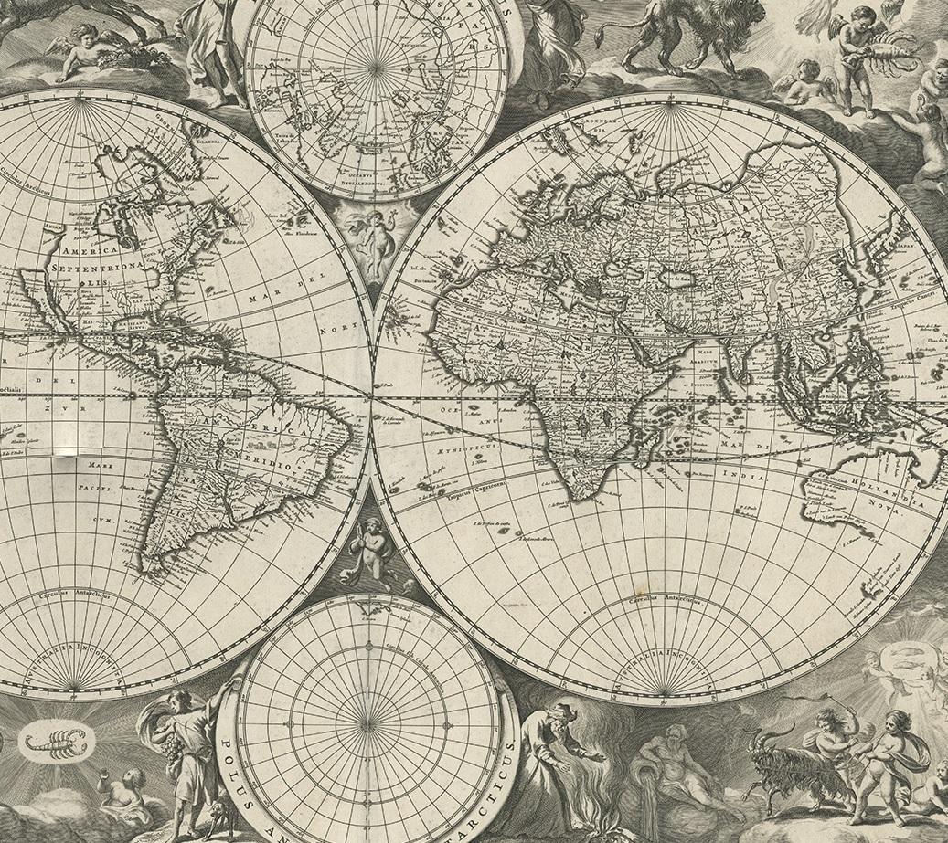 17ème siècle Magnifique carte du monde antique par l'ébéniste néerlandais Visscher, publiée vers 1679 en vente