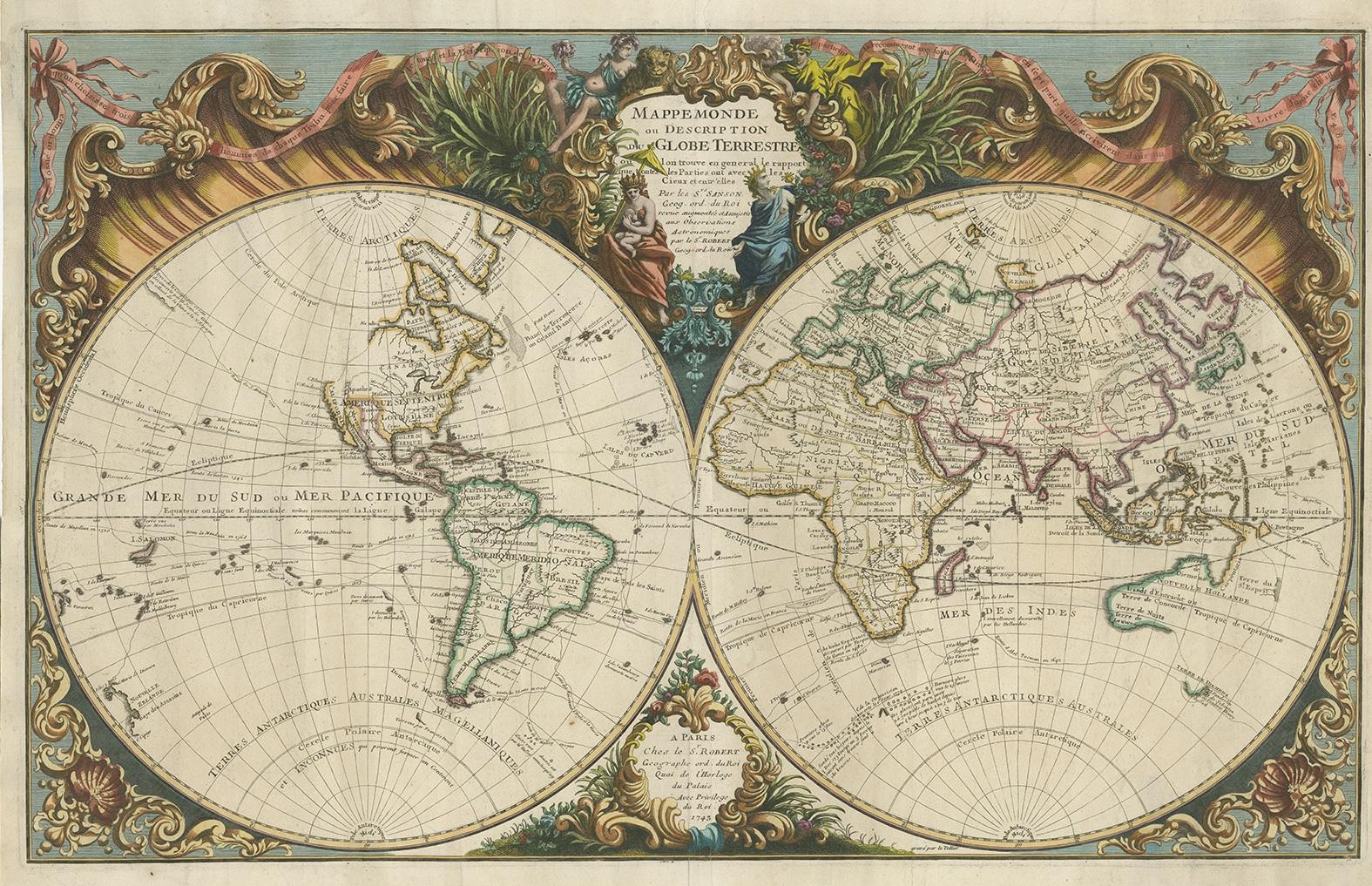 Antique world map titled 'Mappemonde ou Description du Globe Terrestre'. 

The Robert de Vaugondy family of mapmakers was preeminent in the eighteenth century, at a time when the French were at the forefront of cartography. Gilles Robert de Vaugondy