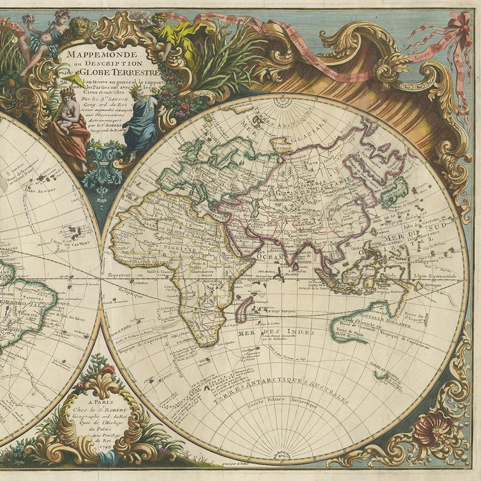 18th Century Stunning Original Antique World Map in Decorative Hand-Colouring, 1743