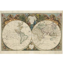 Stunning Original Antique World Map in Decorative Hand-Colouring, 1743