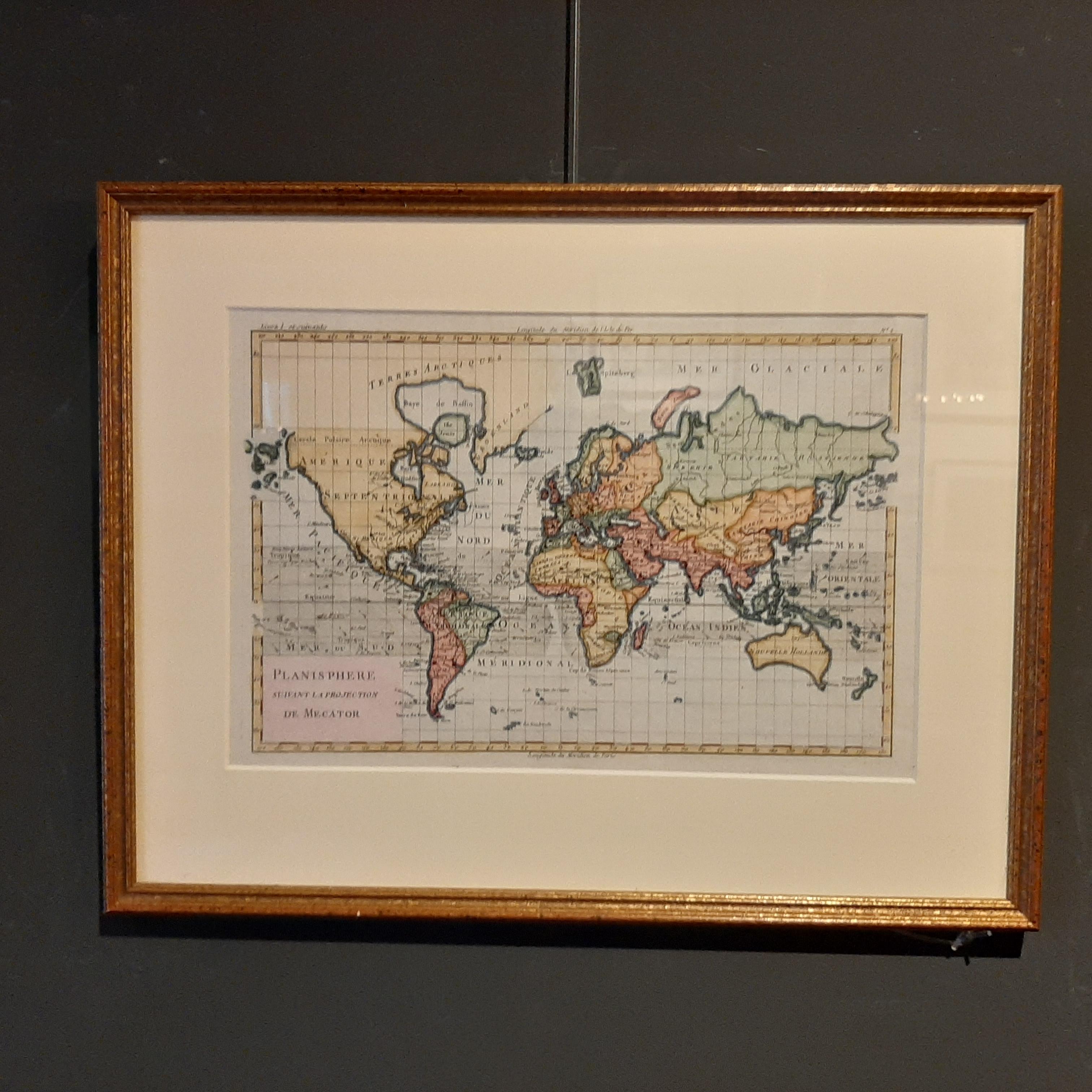 Antique World Map by Rigobert Bonne, circa 1780 In Good Condition In Langweer, NL