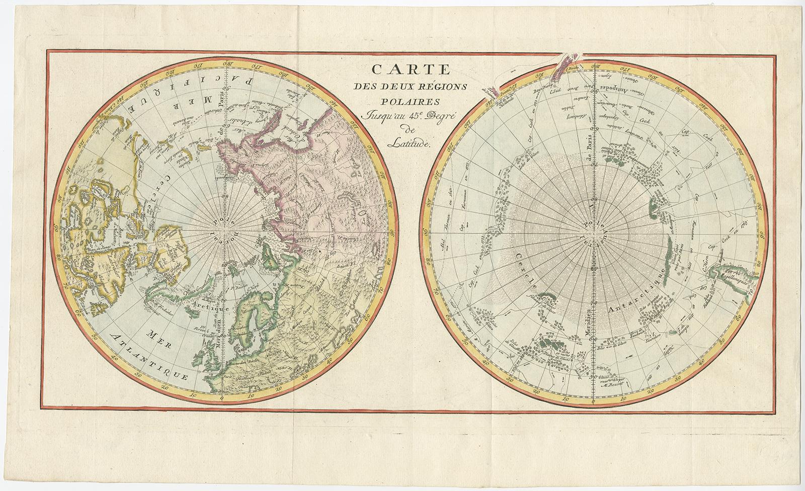 Antique map of the world on a polar projection titled 'Carte des deux Régions Polaires', by an anonymous engraver. This map shows a contemporary knowledge of the Polar latitudes, including the routes of Abel Tasman, James Cook, Edmund Halley.,