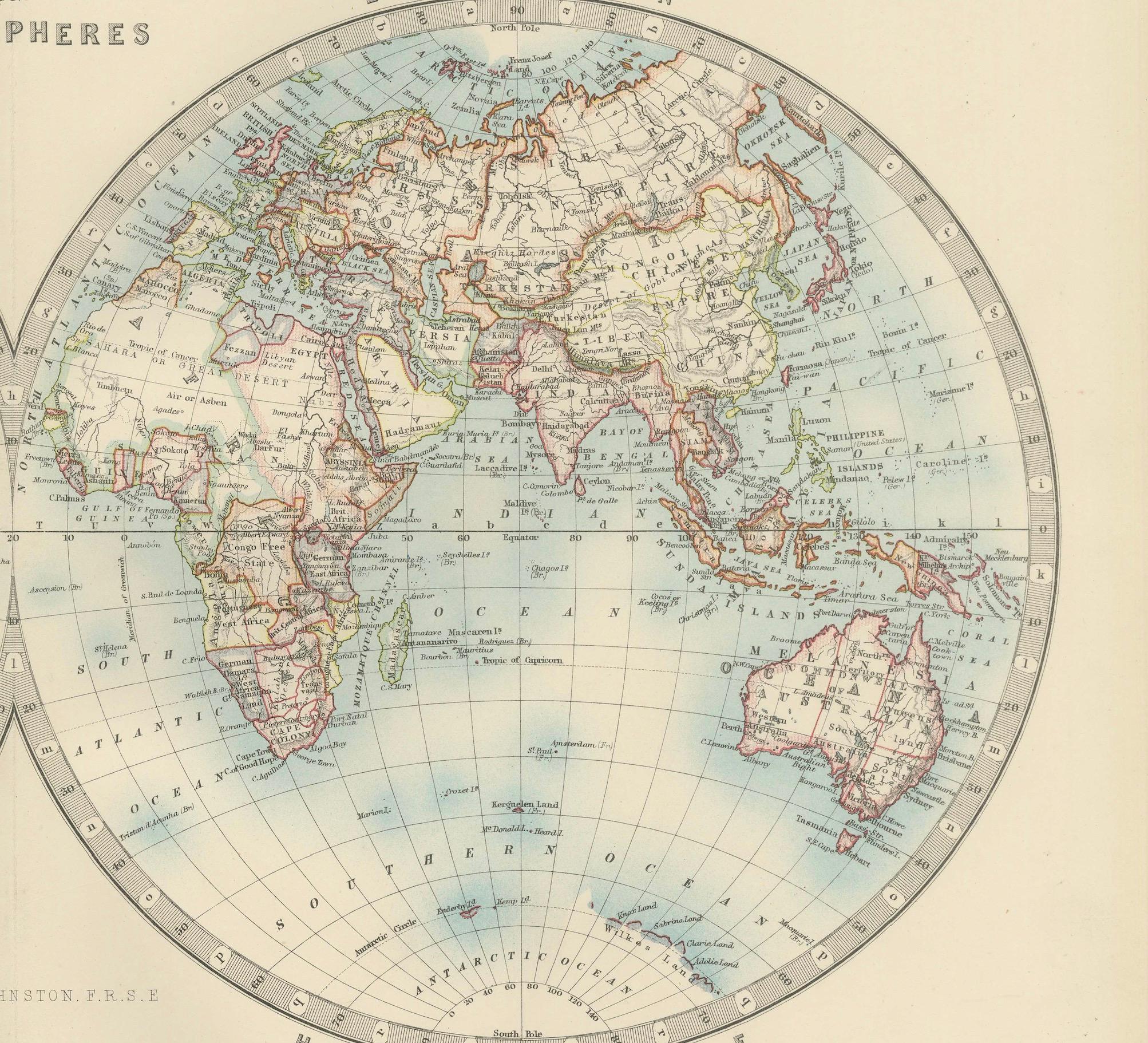 Carte du monde ancienne en hémisphères avec des couleurs délicates au pastel, 1903 en vente 1