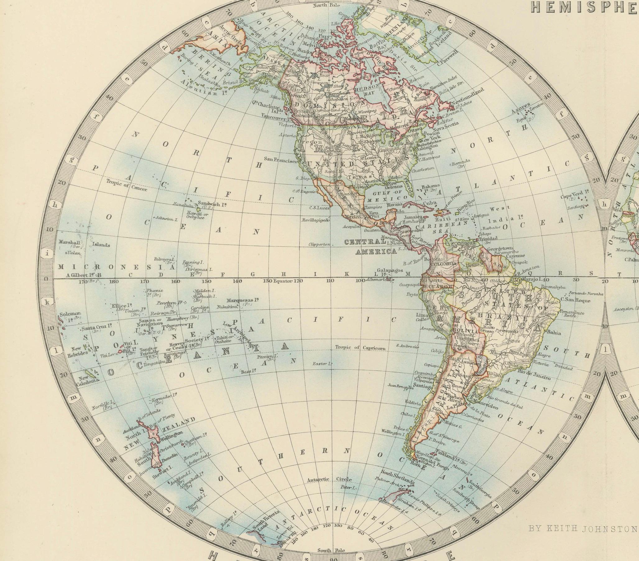 Carte du monde ancienne en hémisphères avec des couleurs délicates au pastel, 1903 en vente 2