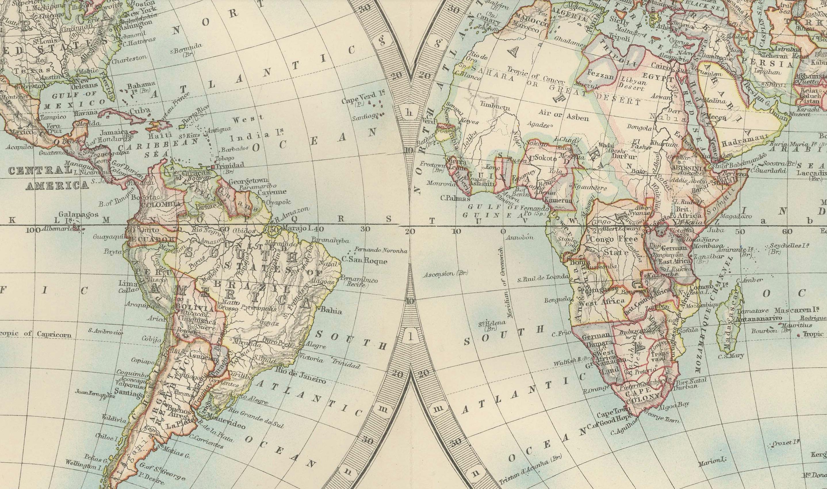 Carte du monde ancienne en hémisphères avec des couleurs délicates au pastel, 1903 en vente 3