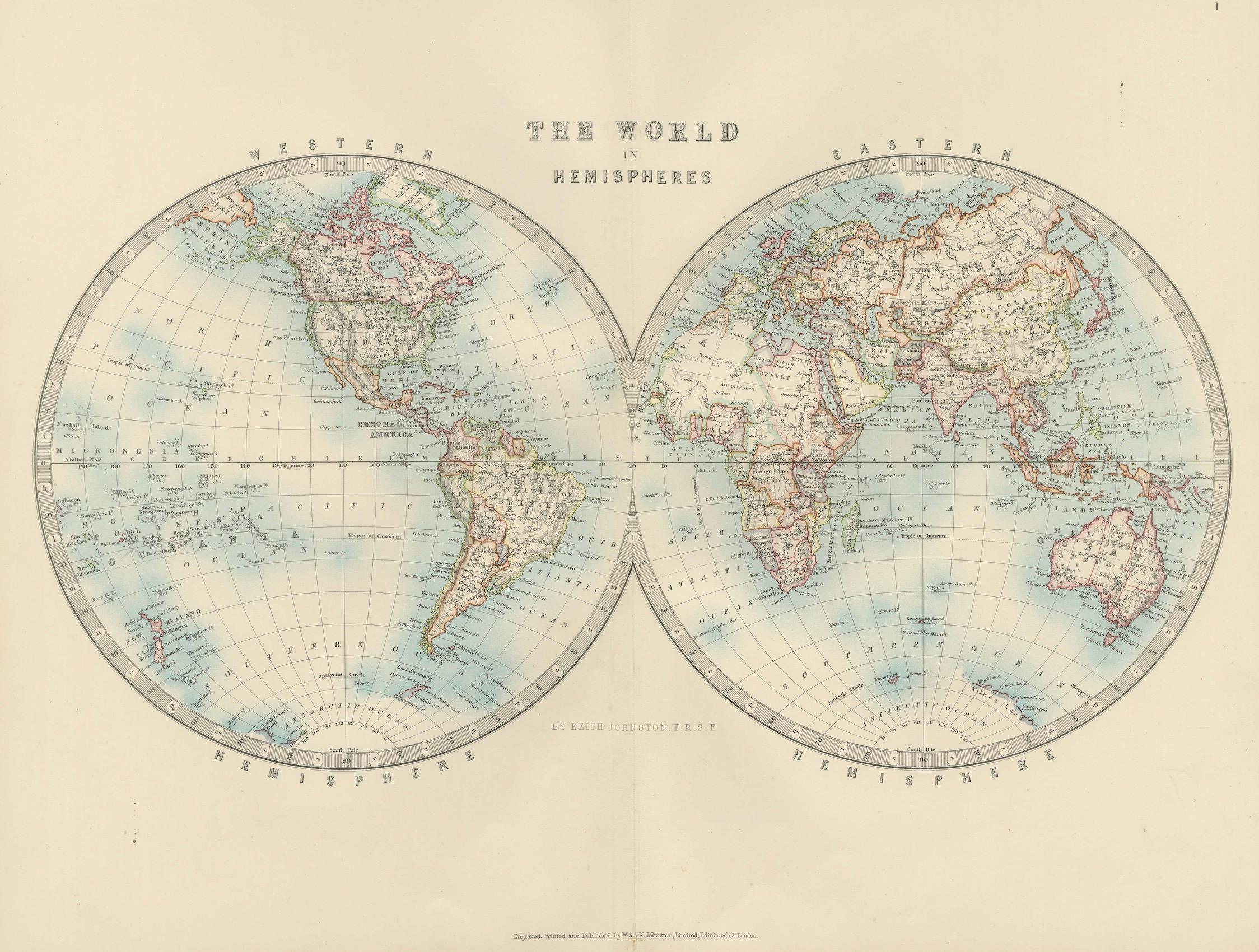 Carte du monde ancienne en hémisphères avec des couleurs délicates au pastel, 1903 en vente 4