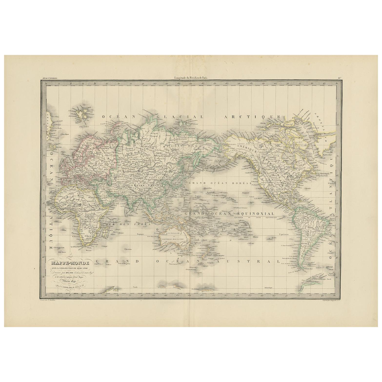 Antique World Map 'Mercator Projection' by Lapie, 1842