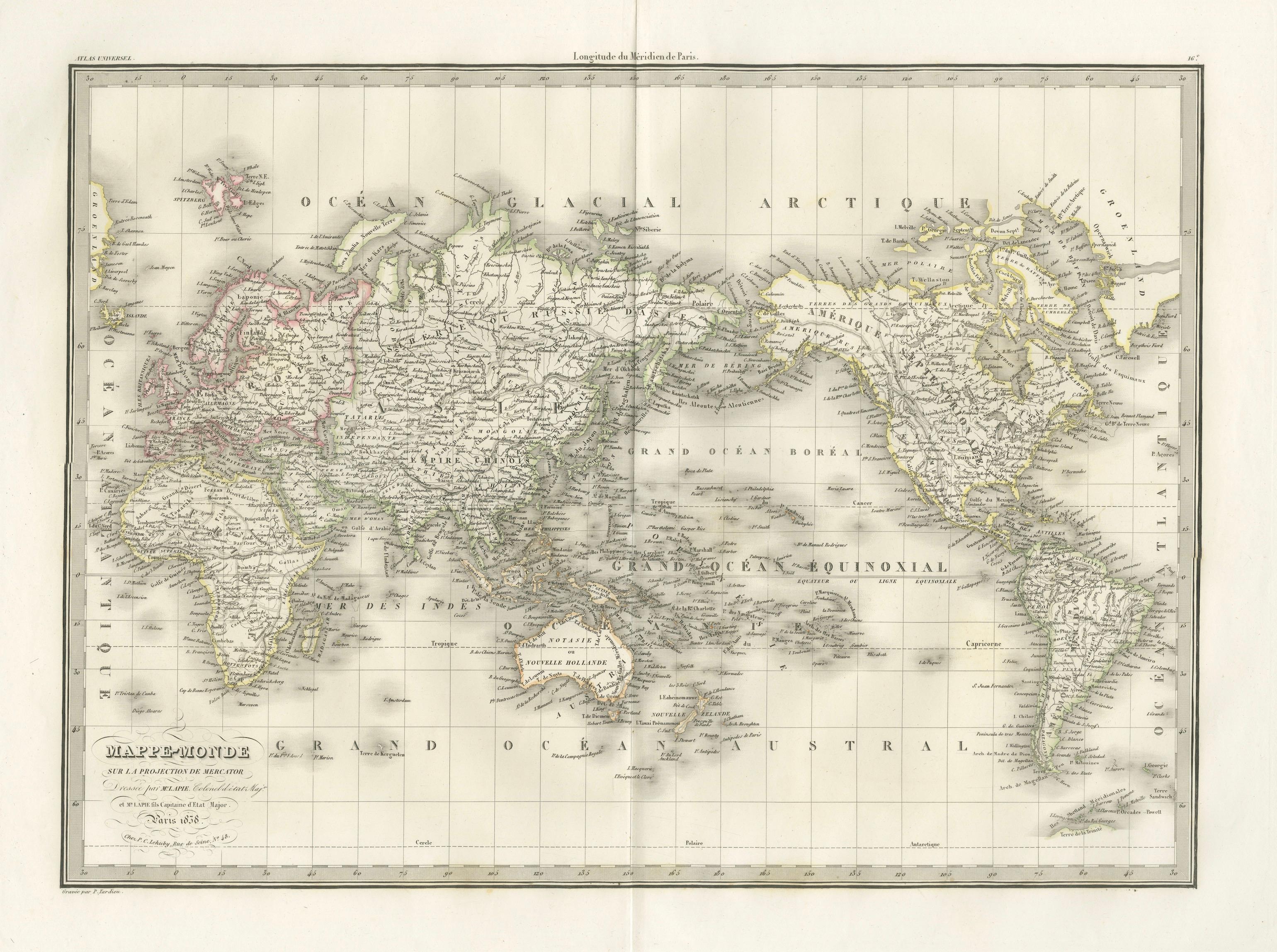 Antique World Map on Mercator Projection – Lapie, Paris, 1838