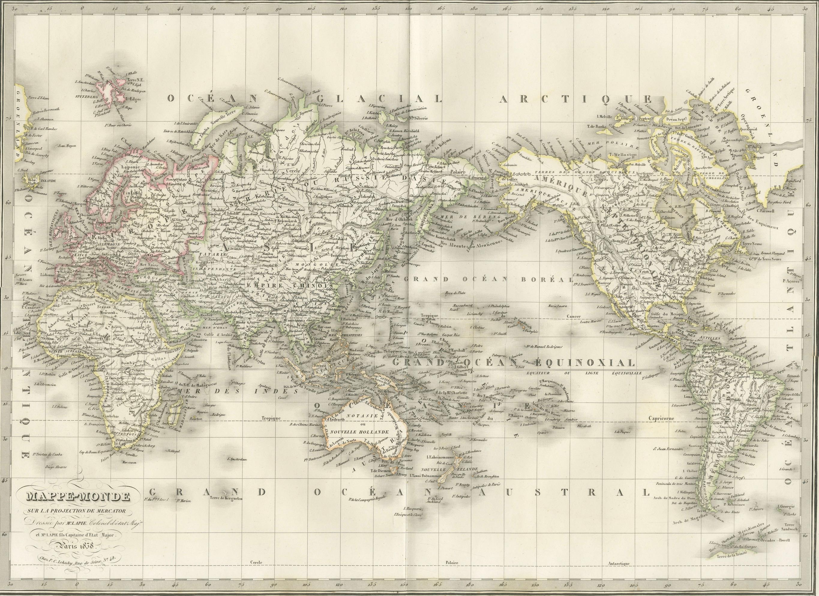 Antique World Map on Mercator Projection – Lapie, Paris, 1838