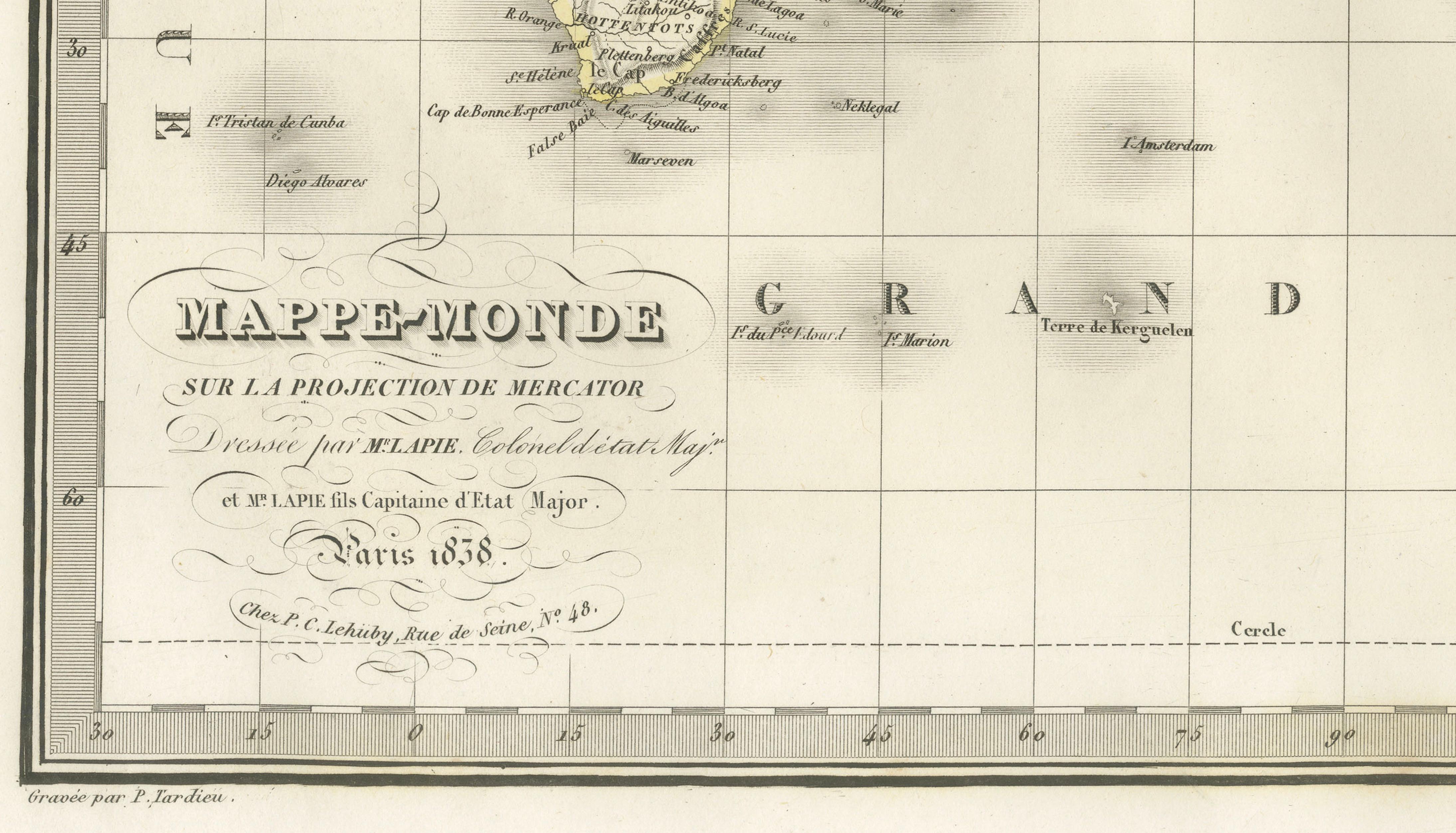 Antique World Map on Mercator Projection – Lapie, Paris, 1838