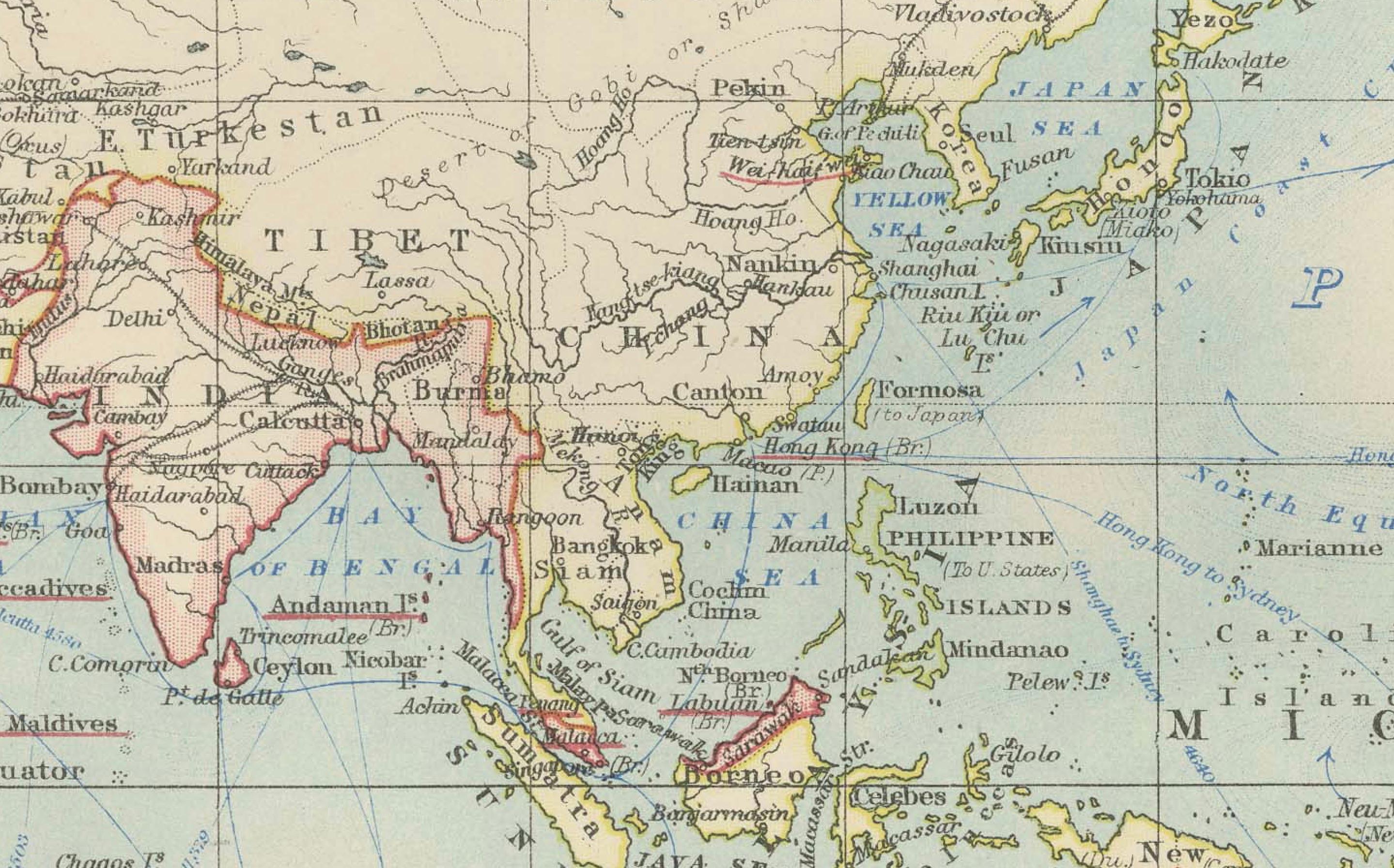 20ième siècle Ancienne carte du monde sur la projection de Mercator, courants océaniques et routes commerciales 1903 en vente
