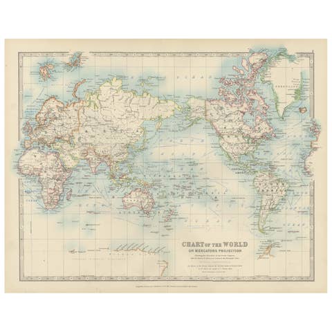 Antique World Map on Mercator's Projection, Ocean Currents and Trade Routes 1903