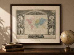 Antiguo Mapa del Mundo Planisferio, Decorativo Coloreado a Mano Original, c.1845