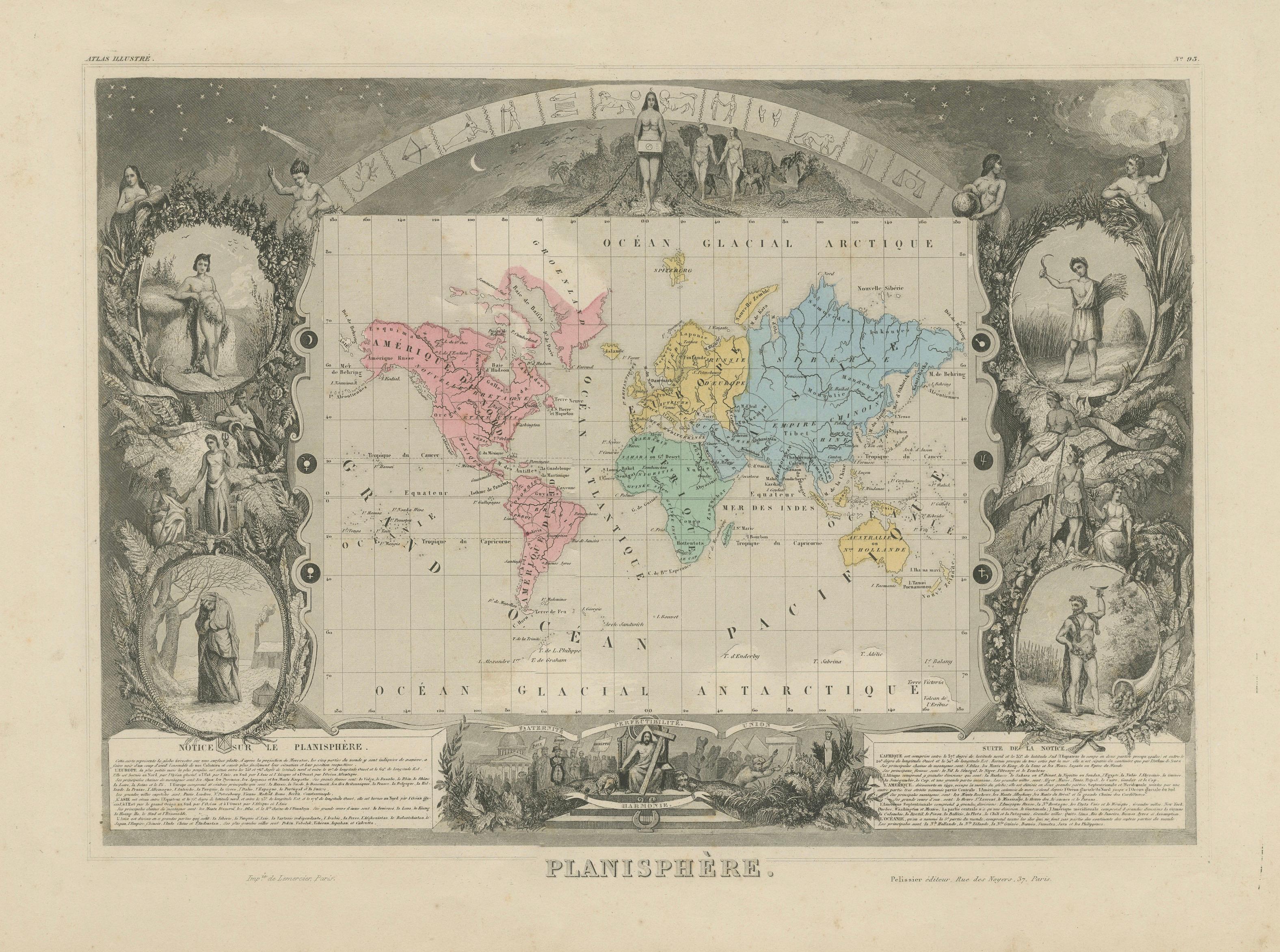 Antique World Map Planisphere, Decorative Original Hand Coloring, c.1845