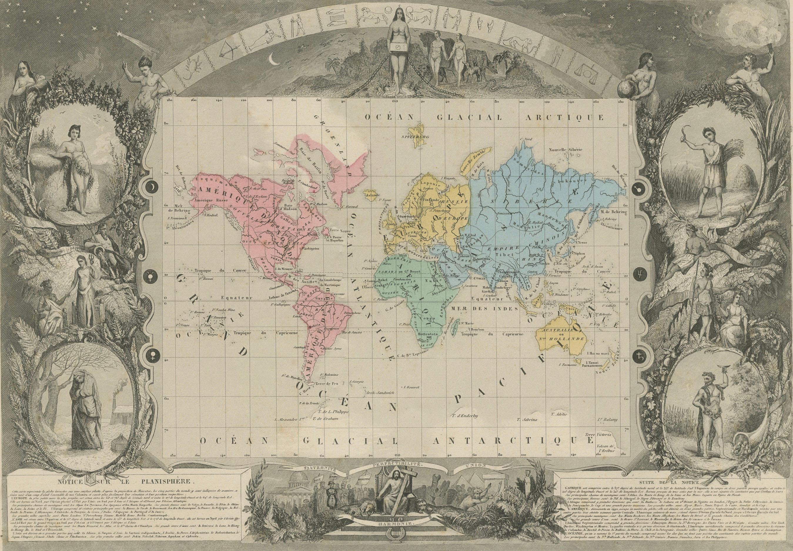 Antique World Map Planisphere, Decorative Original Hand Coloring, c.1845