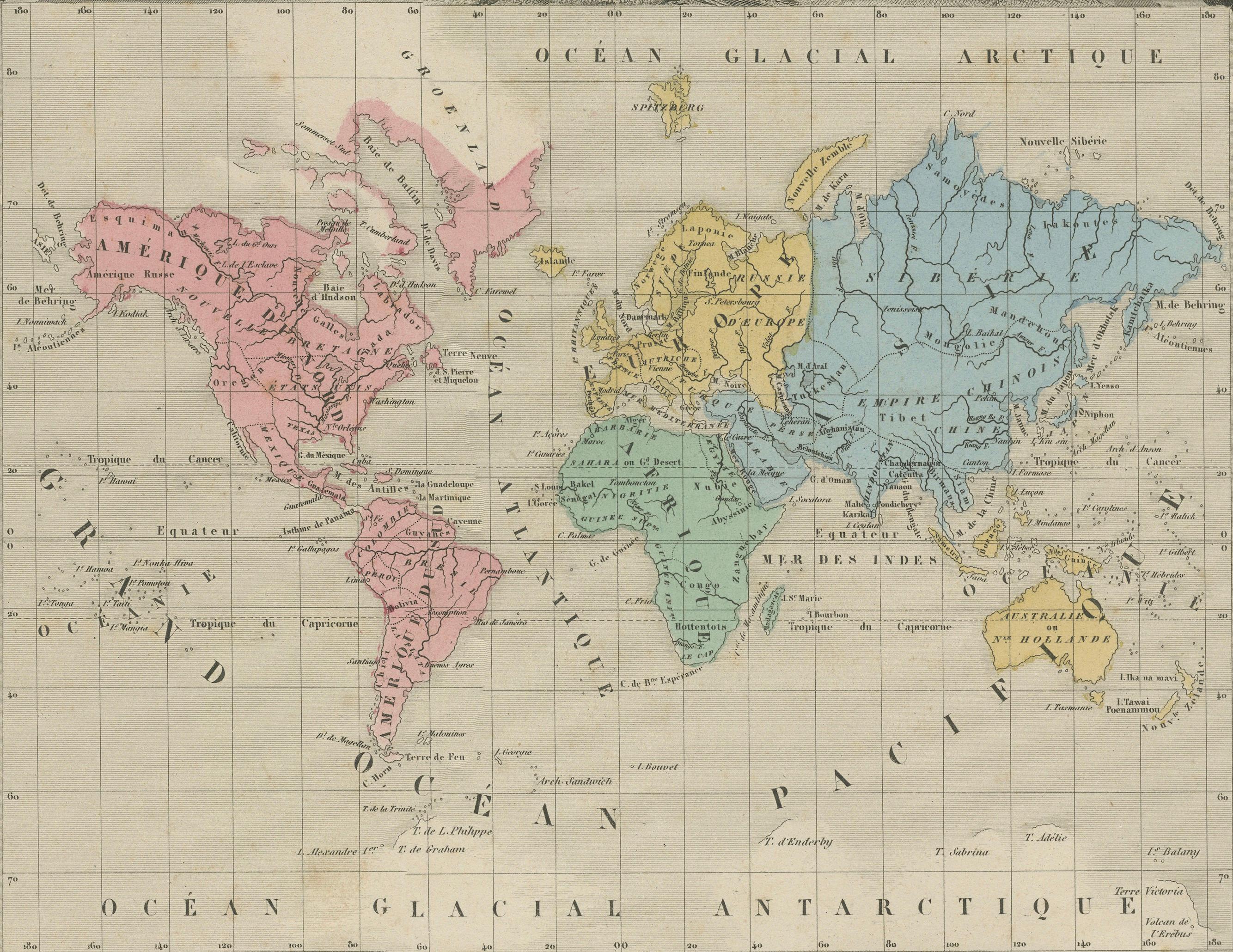 Antique World Map Planisphere, Decorative Original Hand Coloring, c.1845