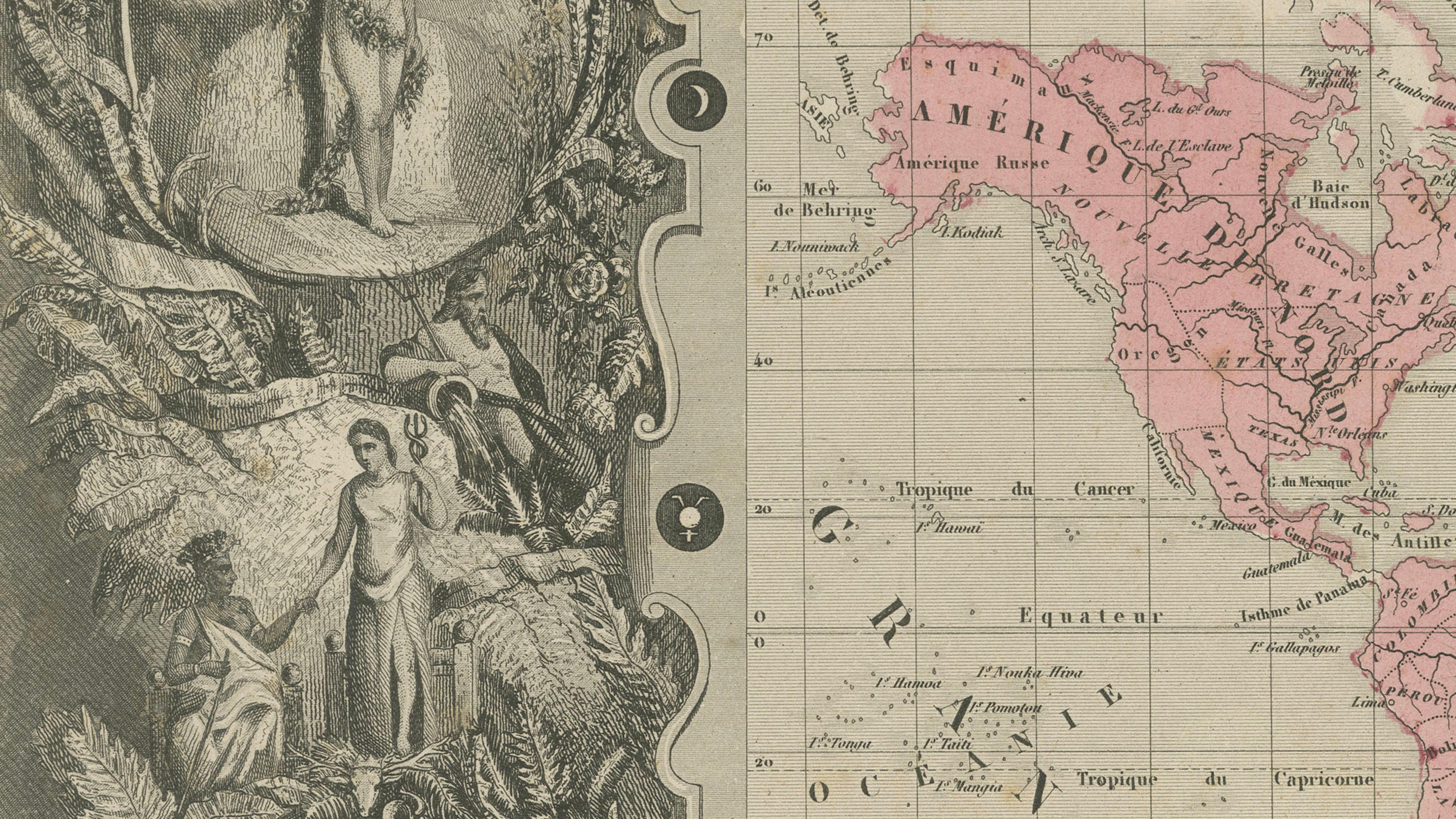 Antique World Map Planisphere, Decorative Original Hand Coloring, c.1845