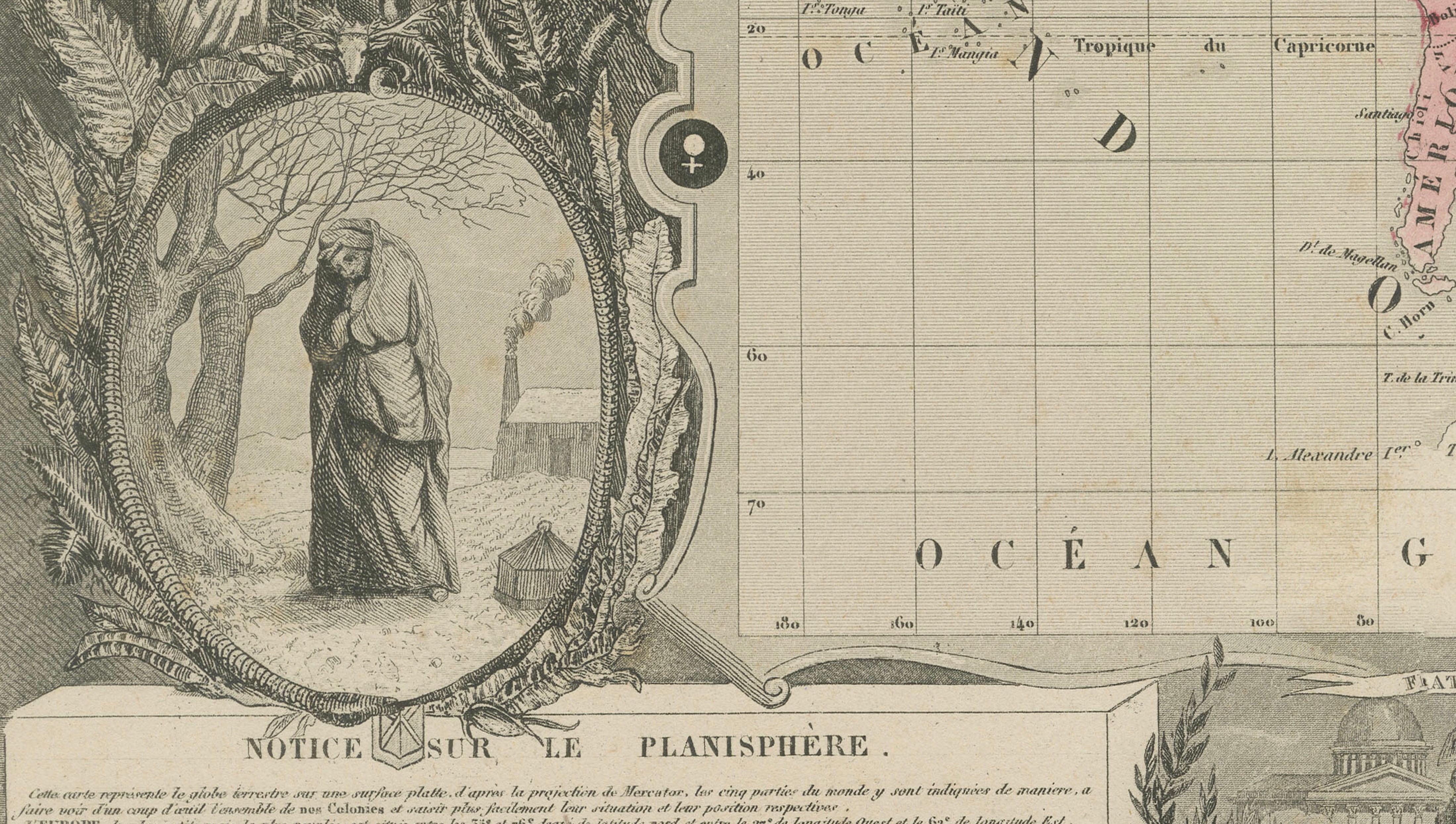 Antique World Map Planisphere, Decorative Original Hand Coloring, c.1845