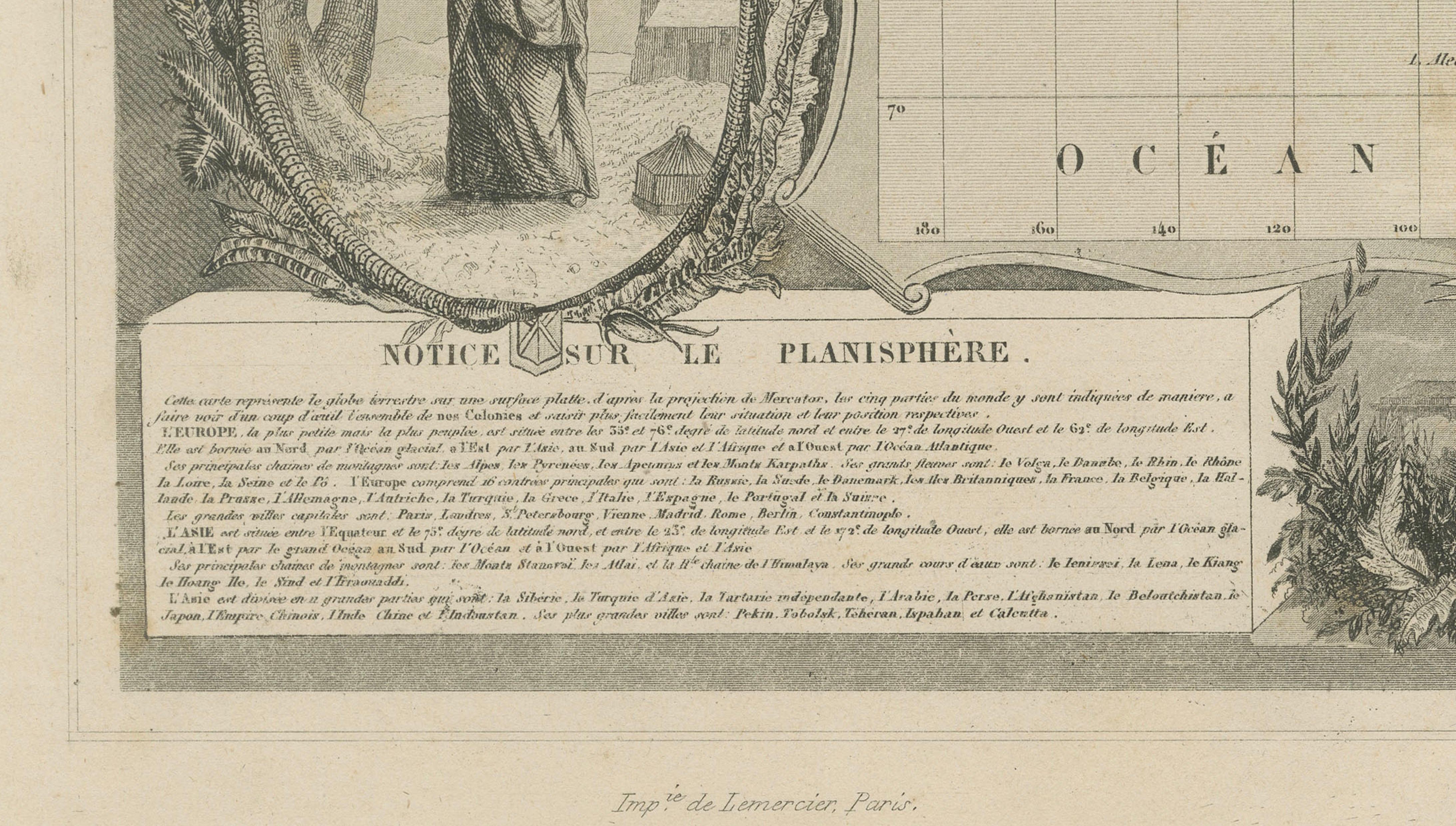 Antique World Map Planisphere, Decorative Original Hand Coloring, c.1845