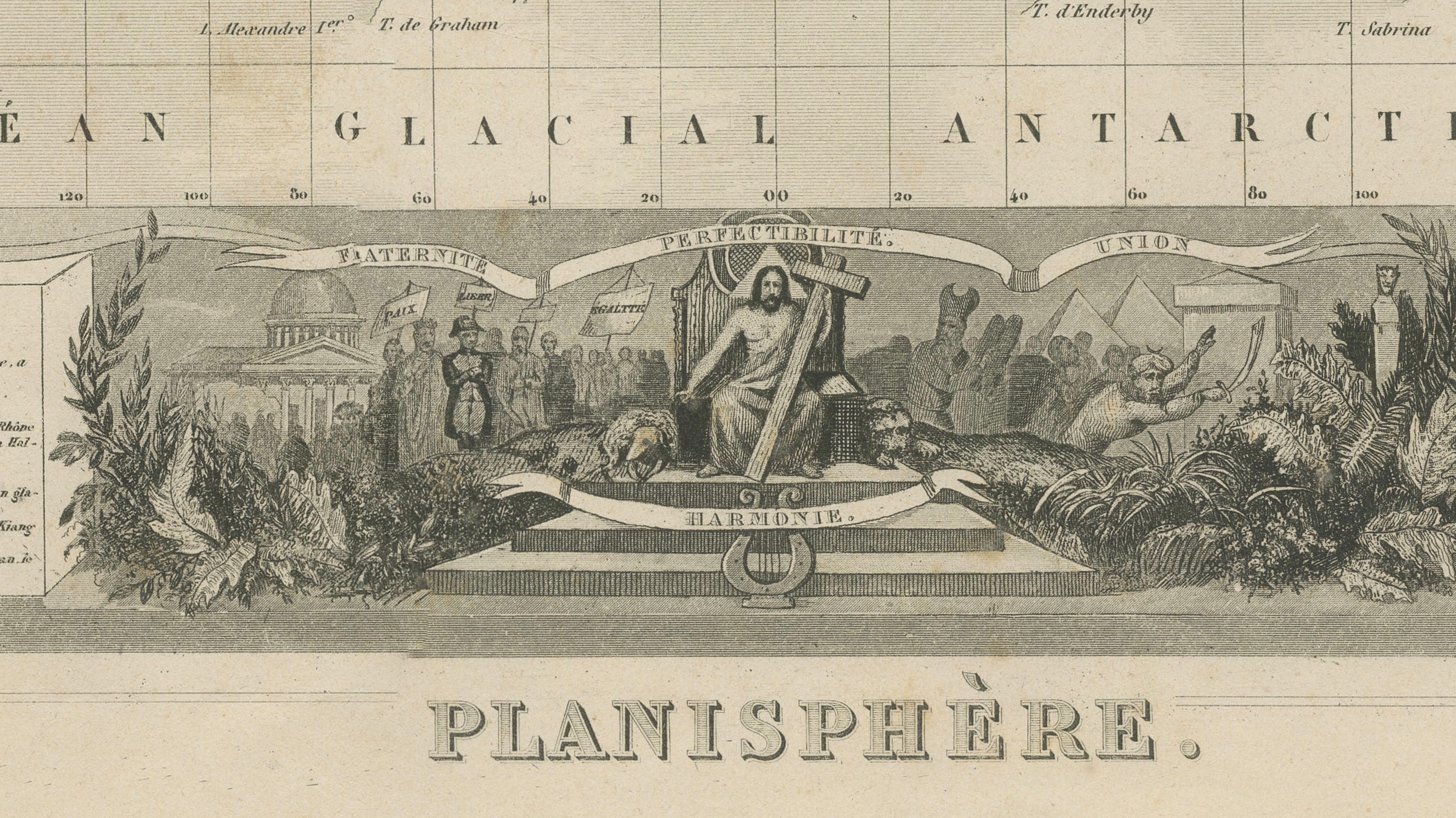 Antique World Map Planisphere, Decorative Original Hand Coloring, c.1845