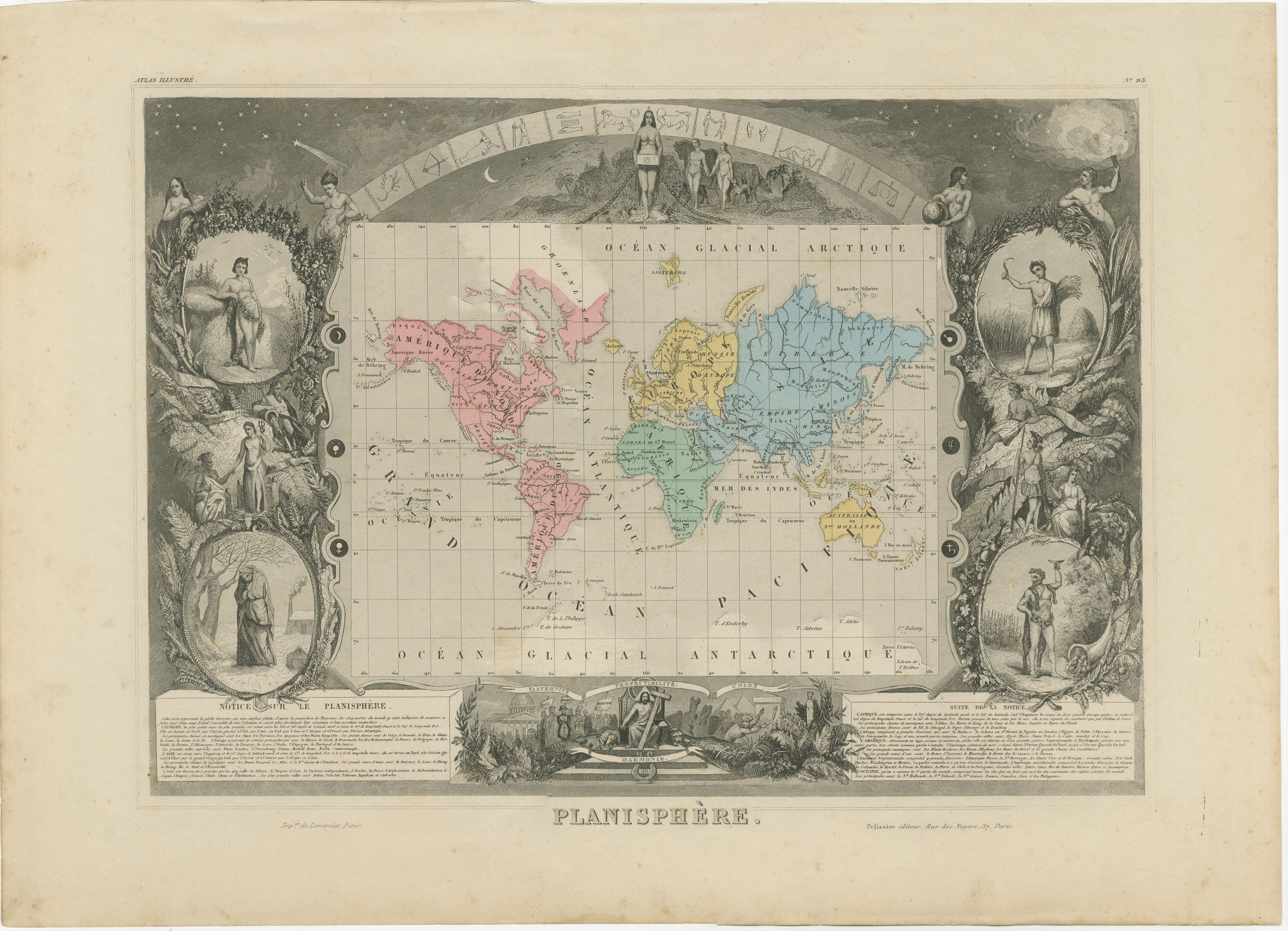 Antique World Map Planisphere, Decorative Original Hand Coloring, c.1845