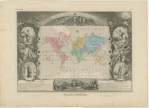 Antique World Map Planisphere, Decorative Original Hand Coloring, c.1845