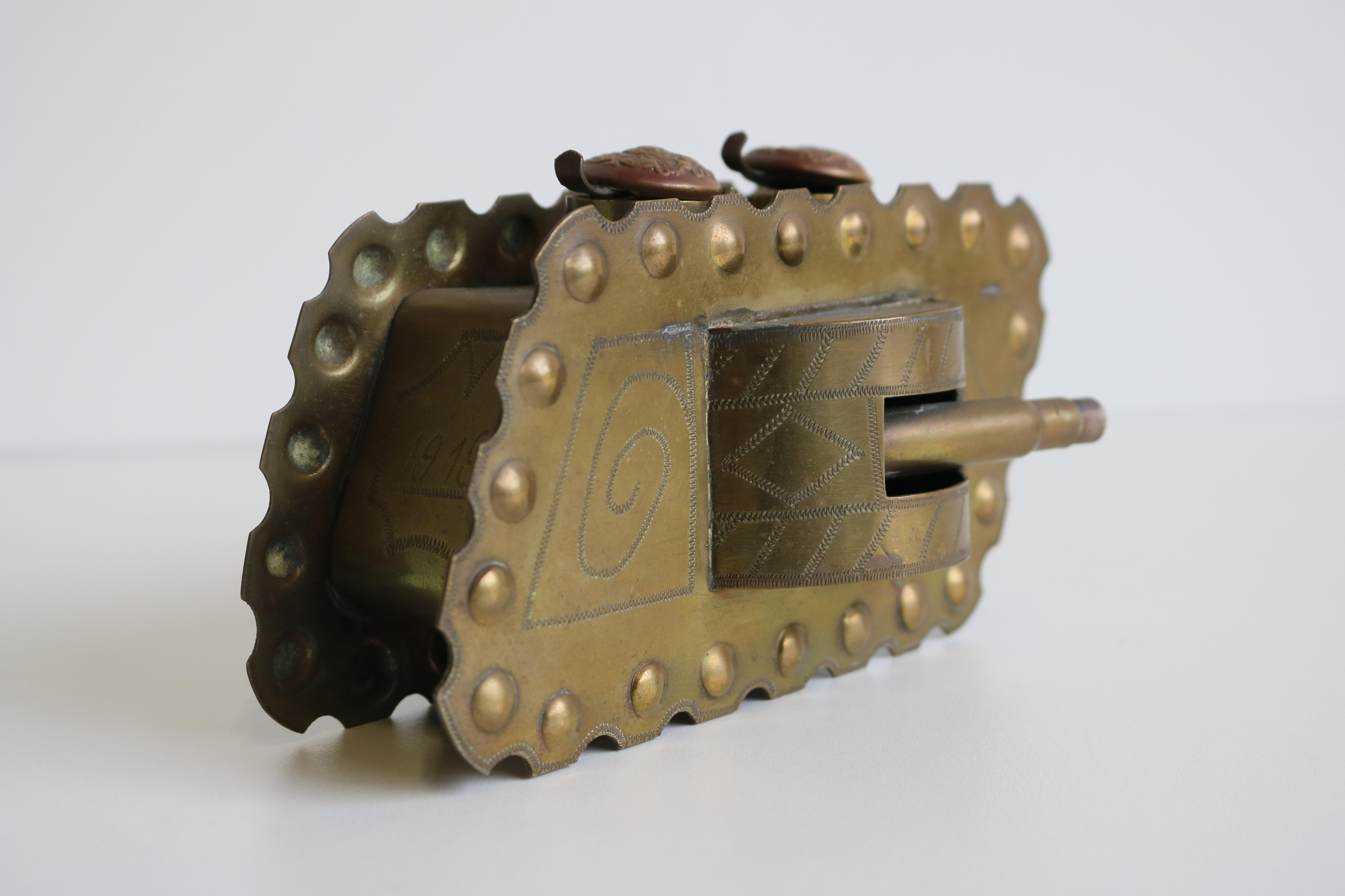 Antique World War 1 Trench Art British Tank 1919 Brass Inkwell Desk Set WWI 3