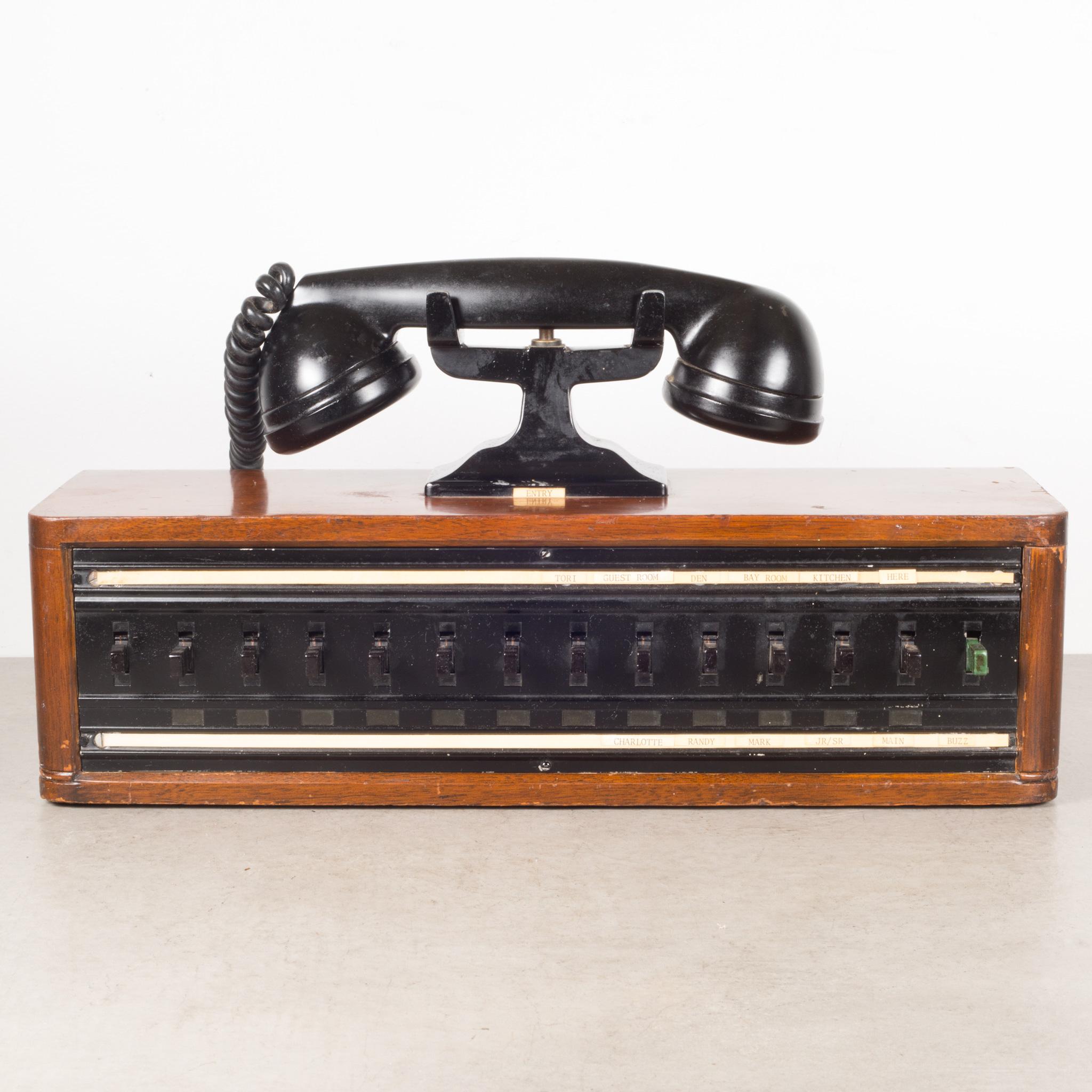 ABOUT

Large World War ll era US Navy Bakelite and wood switch board telephone with original room names.

 CREATOR US Navy. San Francisco.
 DATE OF MANUFACTURE c.1940.
 MATERIALS AND TECHNIQUES Bakelite, Wood, Metal.
 CONDITION Good. Wear
