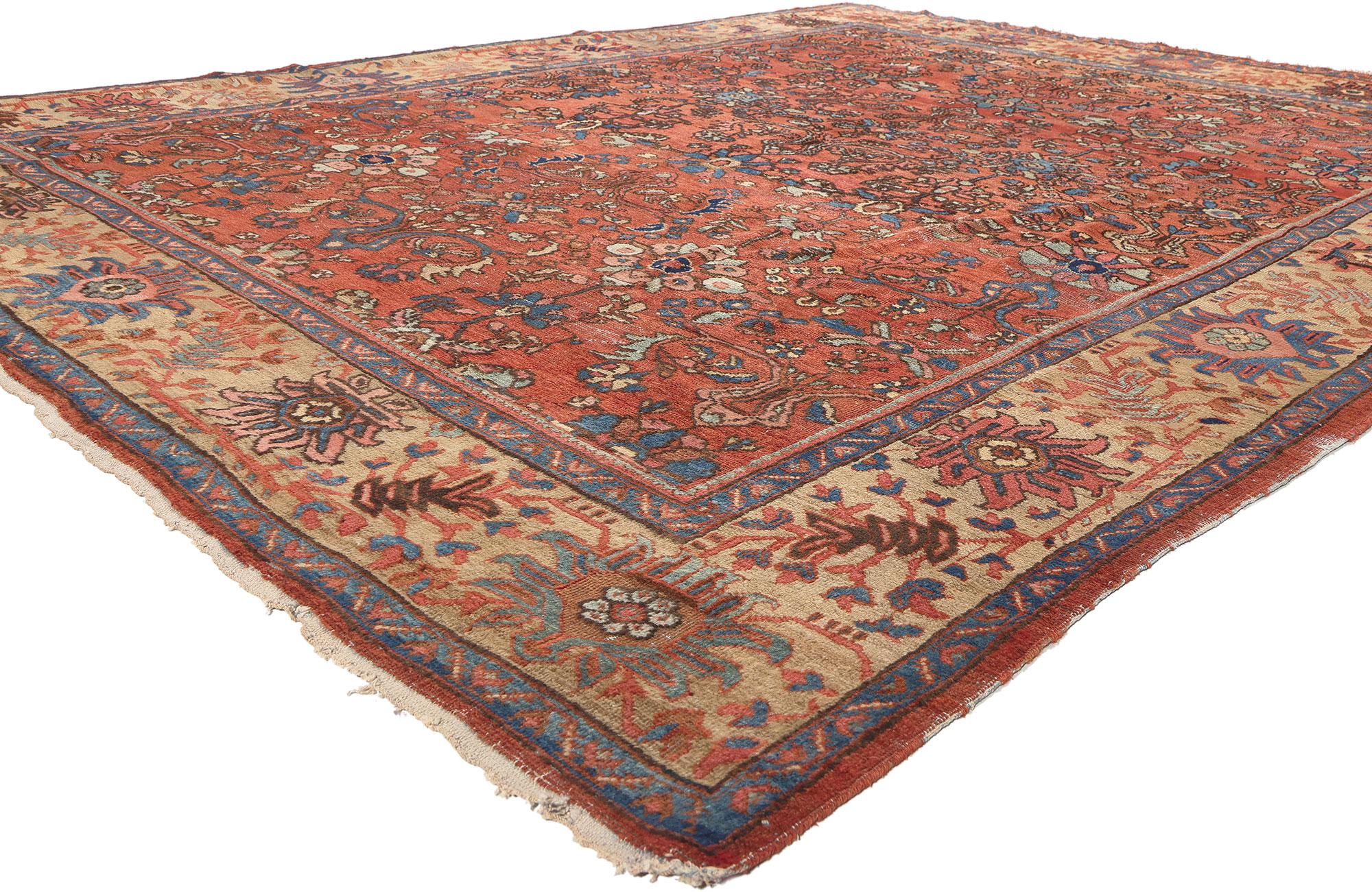 78677 Antique Persian Mahal Rug, 08'01 x 10'06. Immerse yourself in the seamless fusion of relaxed refinement and rustic allure with our meticulously hand-knotted wool antique Persian Mahal rug, showcasing worn-in charm. Revel in the elaborate