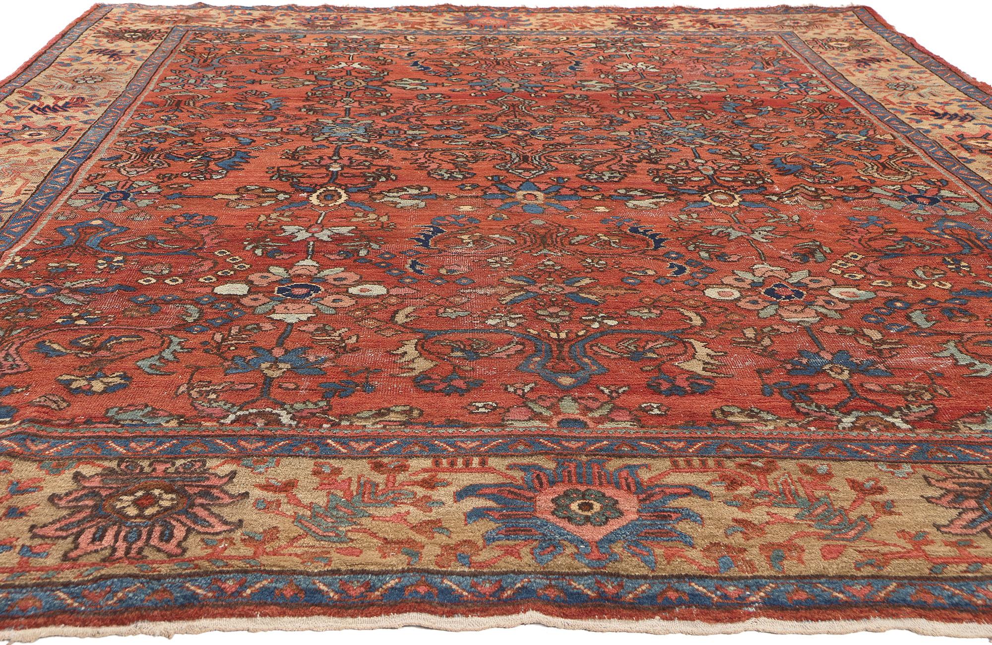 Tabriz Antique-Worn Persian Mahal Rug, Laid-Back Luxury Meets Rustic Sensibility For Sale