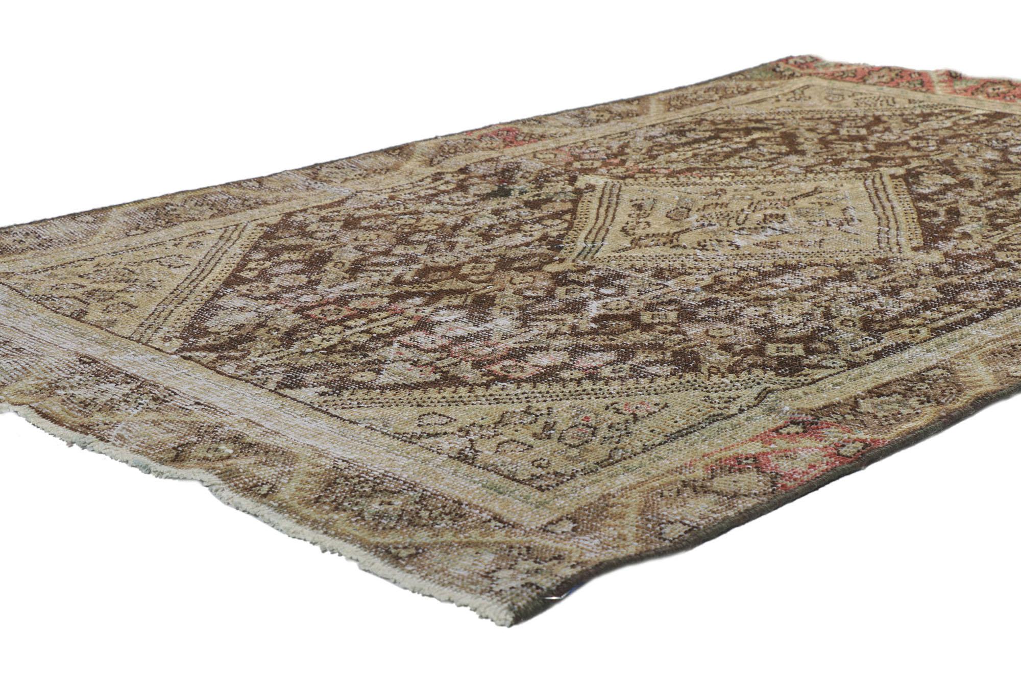 60999 Distressed Antique Persian Mahal Rug, 03'10 x 08'06.
Relaxed refinement meets rugged beauty in this hand-knotted wool distressed antique Persian Mahal rug. Its captivating all-over floral lattice pattern is meticulously crafted using the Mina