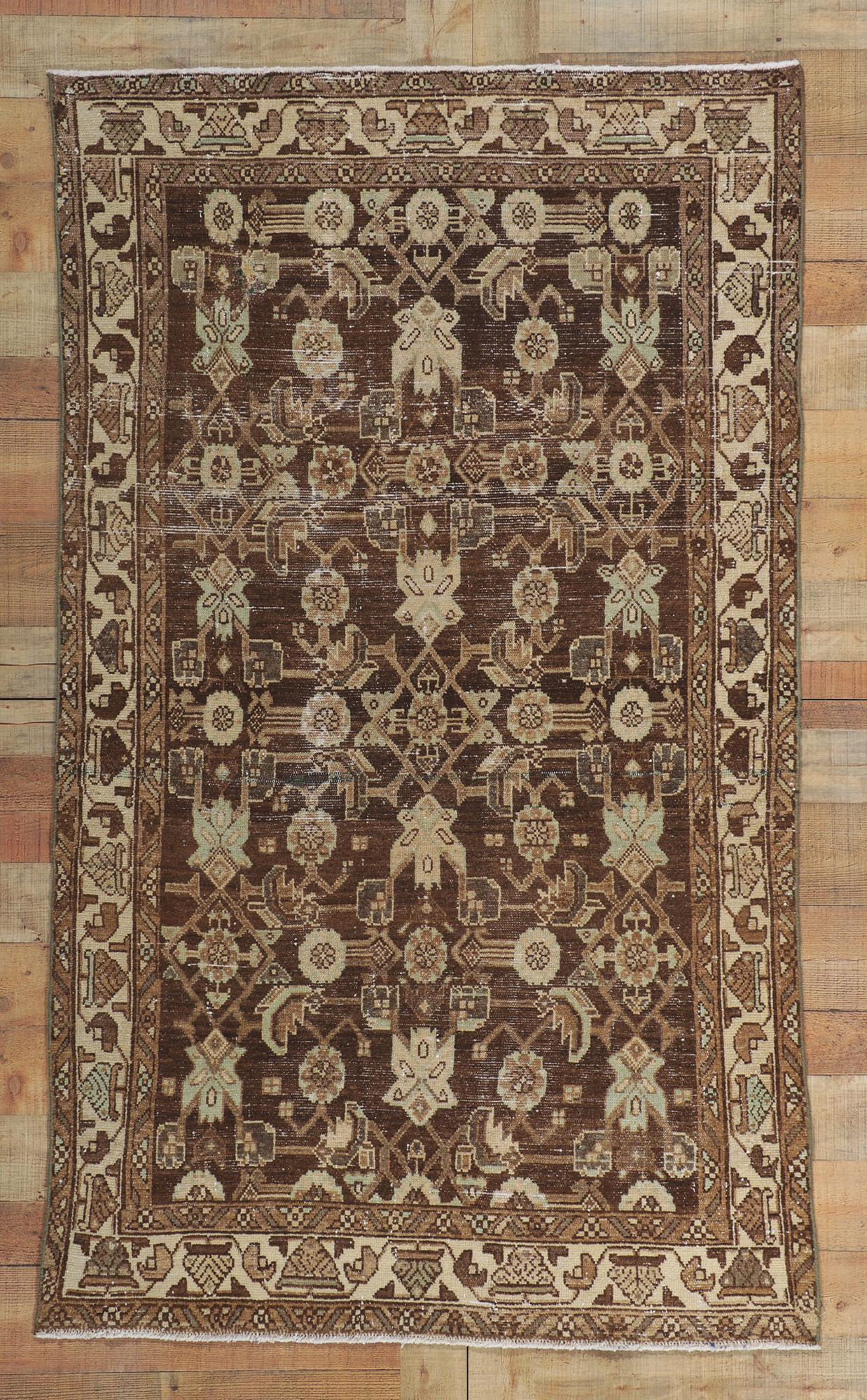 Antique-Worn Persian Malayer Rug, Midcentury Modern Meets Weathered Finesse For Sale 4