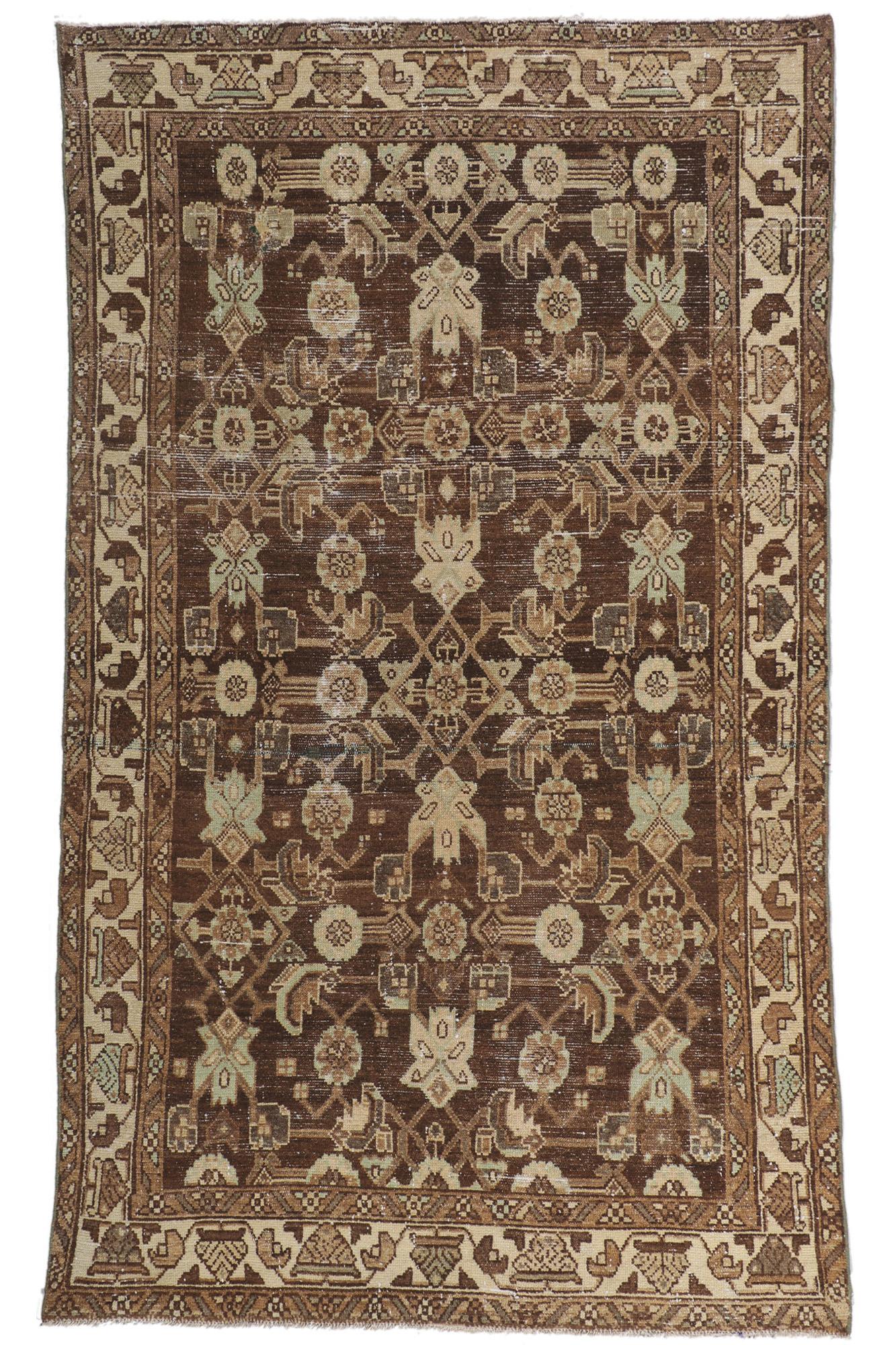 Antique-Worn Persian Malayer Rug, Midcentury Modern Meets Weathered Finesse For Sale 5