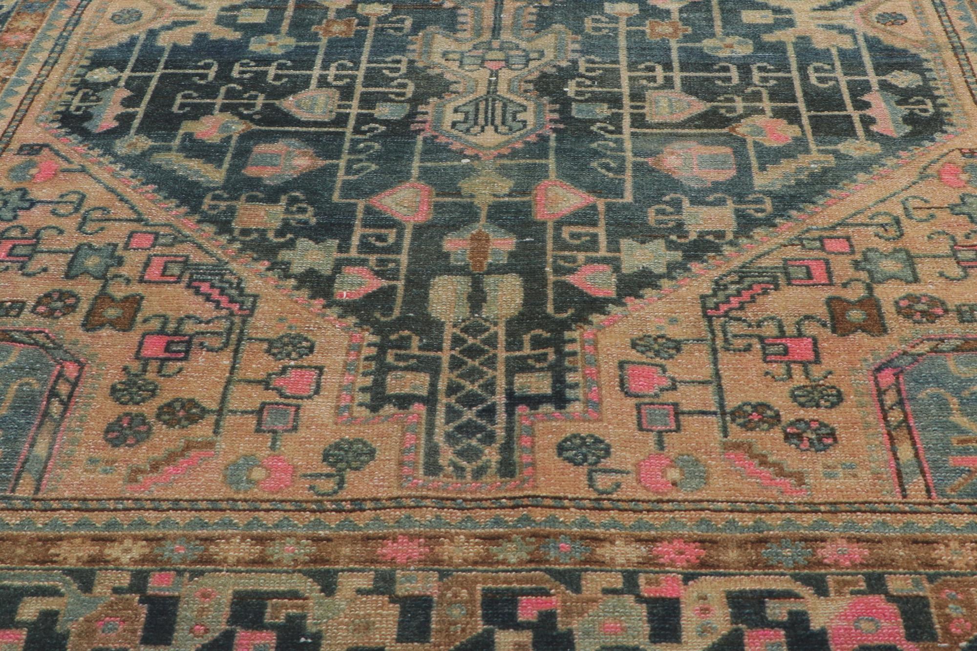 Antique-Worn Persian Malayer Rug, Nomadic Charm Meets Bohemian Elegance In Distressed Condition For Sale In Dallas, TX