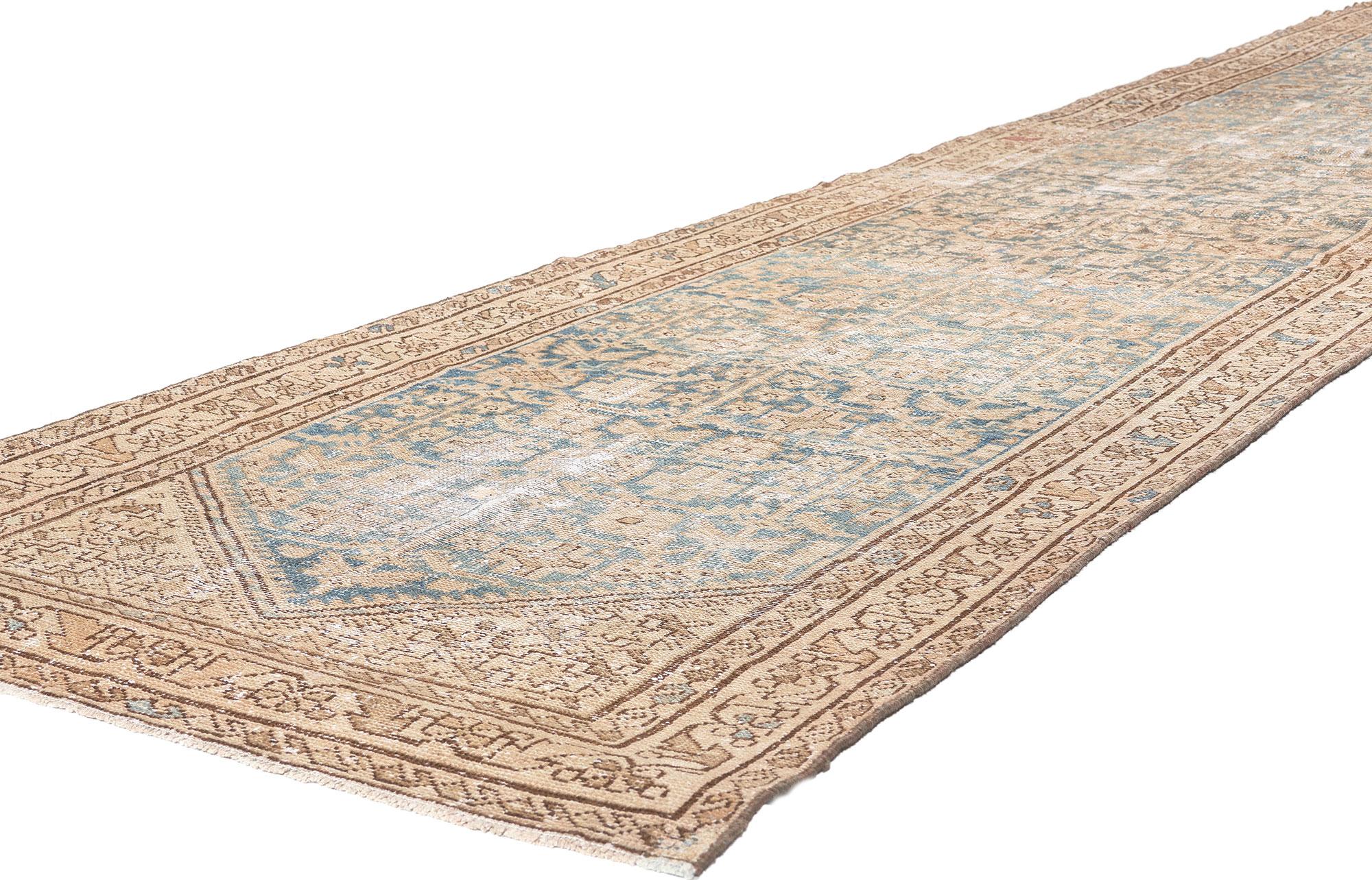 61275 Antique-Worn Persian Malayer Rug, 03'05 x 16'06.
Relaxed refinement meets quitet sophistication​ in this hand knotted wool distressed antique Persian Malayer rug runner.

Rendered in variegated shades of cerulean, tan, Aegean blue, ecru,