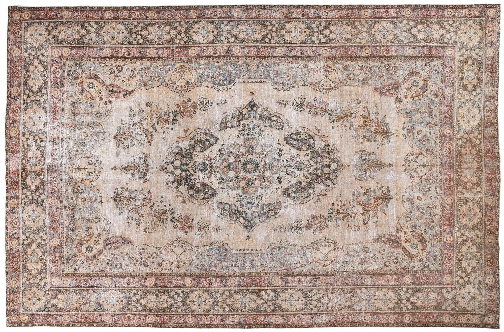 Antique-Worn Persian Mashhad Rug, Weathered Finesse Meets Belgian Chic For Sale 3